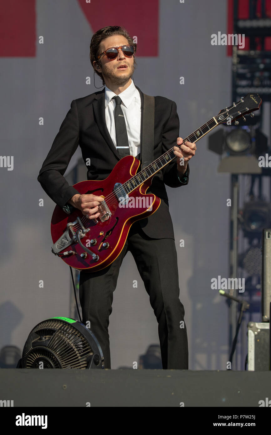 Hyde Park, Regno Unito. 7h luglio 2018, Interpol in esecuzione al British Summer Time, dotate di Paolo banche, Carlos Dengler, Daniel Kessler, Sam Fogarino, Greg Drudy, David Pajo, Guido Schneider, Tom Clark,UK.Hyde Park di Londra. © / Alamy Live News Foto Stock