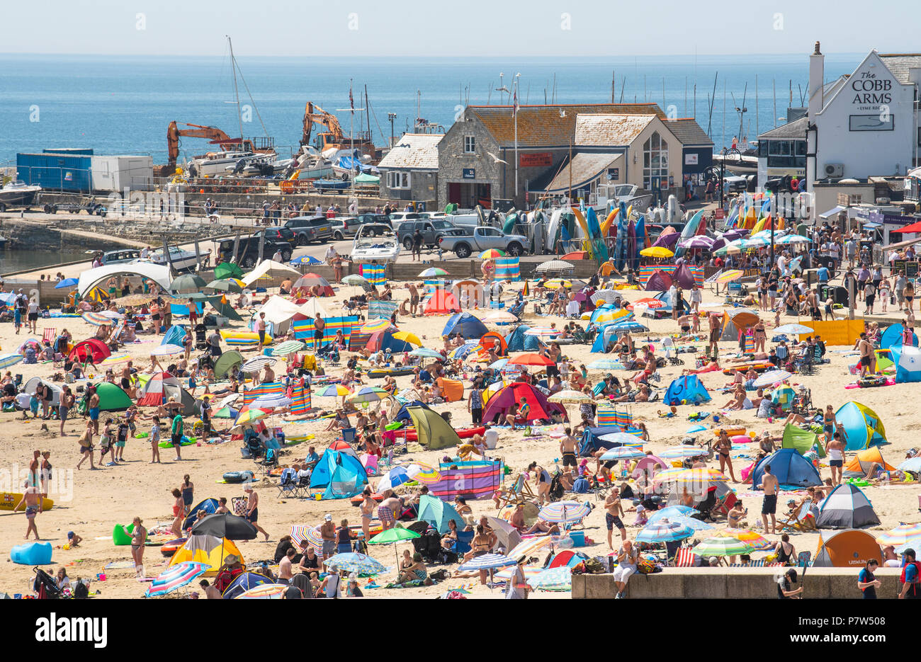 Lyme Regis, Dorset, Regno Unito. 8 luglio 2018. Regno Unito Meteo: Un altro bruciante calda e soleggiata domenica di Lyme Regis. La Jurassic Coast arrosti di nuovo come i visitatori e gli abitanti locali gregge alla spiaggia su un altro ancora sfrigolanti domenica sulla costa sud. Credito: Celia McMahon/Alamy Live News Foto Stock