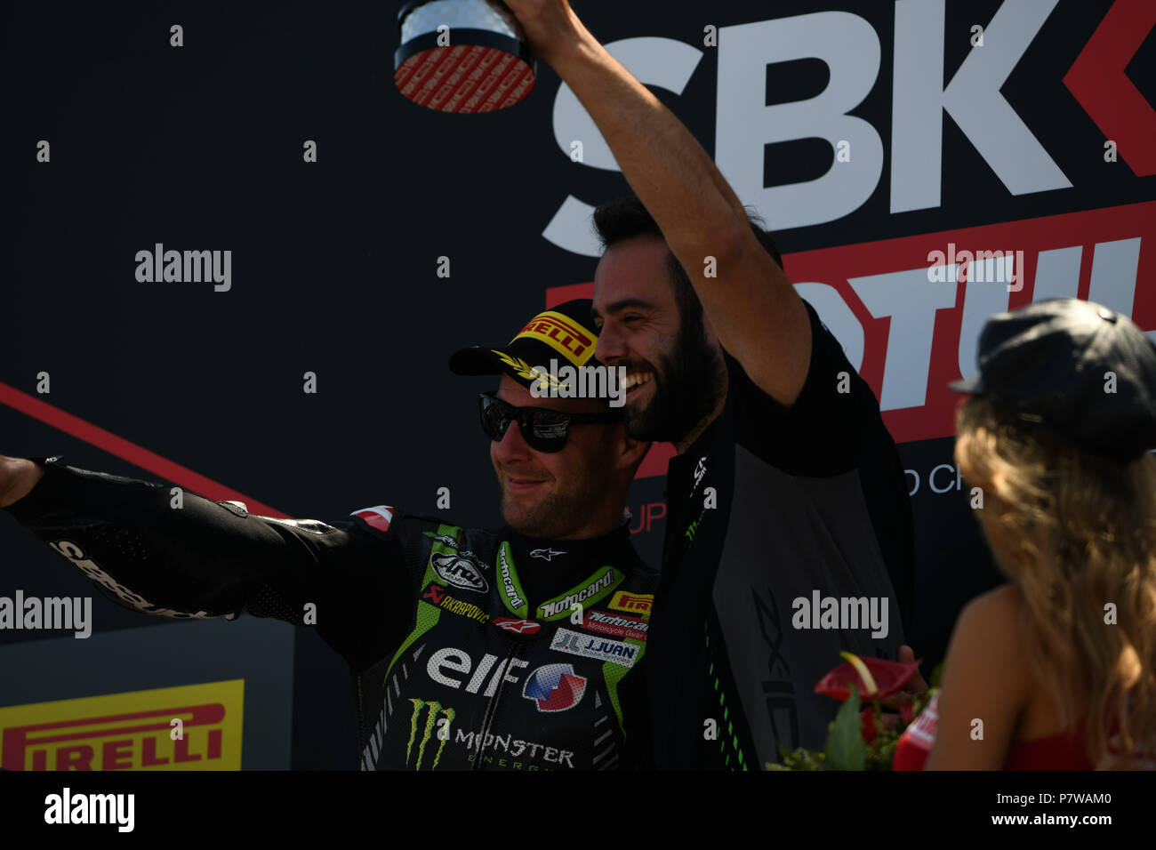 Misano, Italia. 8 Luglio, 2018. 1 Jonathan Rea GBR KAWASAKI ZX-10RR Kawasaki Racing Team WorldSBK durante il Motul FIM Superbike Championship - Round italiano gara domenica durante il Campionato del Mondo Superbike - Circuito PIRELLI Riviera di Rimini Round, 6 - 8 luglio 2018 sul circuito di Misano, Italia. Credito: Fabio Averna/Alamy Live News Foto Stock