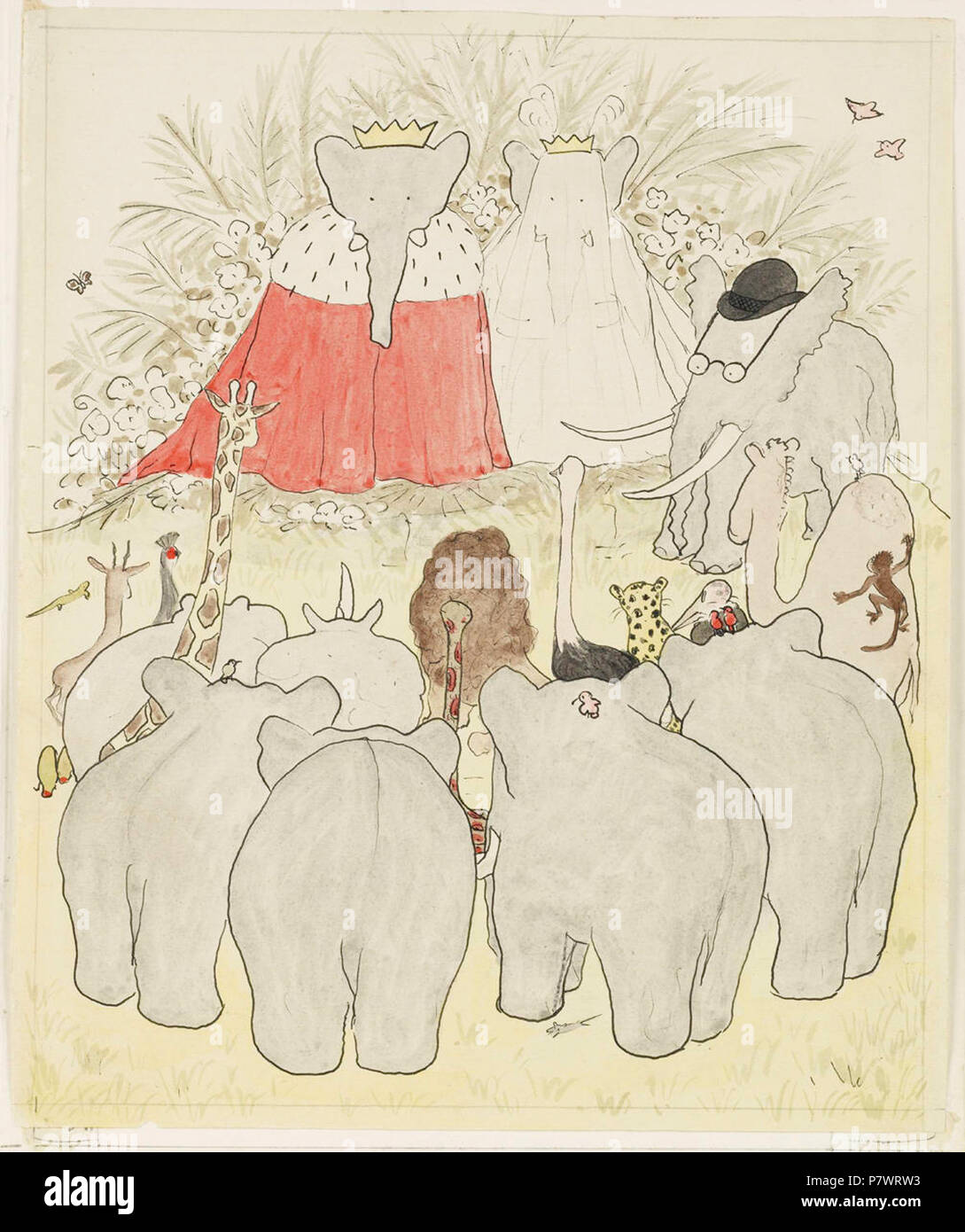 Inglese: 'Matrimonio e incoronazione del re Babar e la Regina celeste.' Histoire de Babar le petit éléphant (la storia di Babar), 1931. Acquerello finale. 14 1/8 x 10 3/8 in. (36 x 26,5 cm). La Morgan Library & Museum Français : "ariage et couronement du Roi Babar et de la Reine Céleste.' Histoire de Babar le petit éléphant, 1931. Aquarelle finale. 36 x 26,5 cm. La Morgan Library & Museum . 1931 261 Matrimonio e incoronazione del re Babar e la Regina celeste Foto Stock