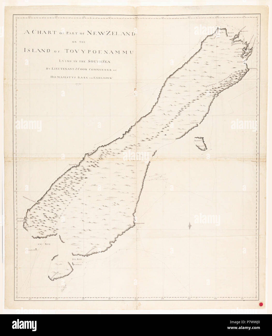 Inglese: manoscritto carta nautica nell'Isola del Sud della Nuova Zelanda preparati durante il James Cook il primo viaggio, 1768-1771 . 1770 97 cuocere.sud.island Foto Stock