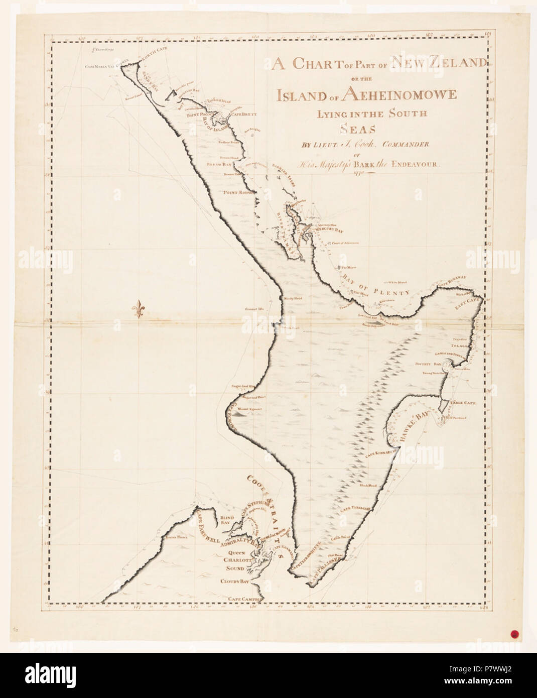 Inglese: manoscritto carta nautica dell'Isola del nord della Nuova Zelanda, preparati durante il James Cook il primo viaggio, 1768-1771 . 1770 97 CookchartNorthIsland Foto Stock