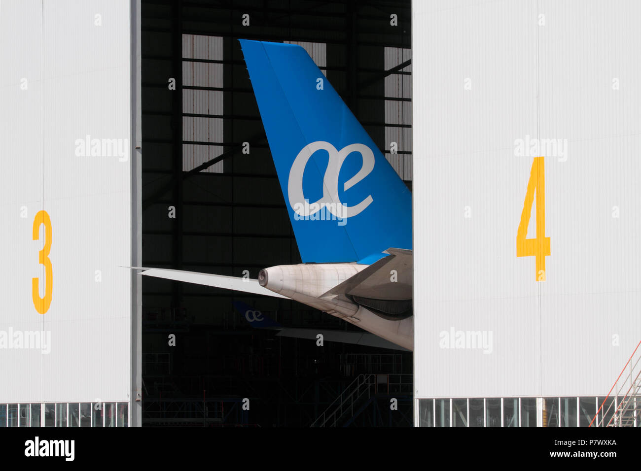 Coda di aereo con Air Europa logo in un hangar durante la manutenzione Foto Stock