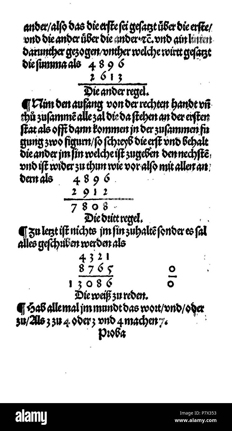 . Ayn nuovo kunstlich buech welches gar gewiss vnd behend lernet nach der regel gemainen detre/ welschen pratiche/ regeln falsi vñ erlichë regeln .... Deutsch: Dies ist ein Scan des historischen Buches inglese: questa è una scansione del documento storico . N/A 128 De Rechenbuch (Schreiber) 008 Foto Stock