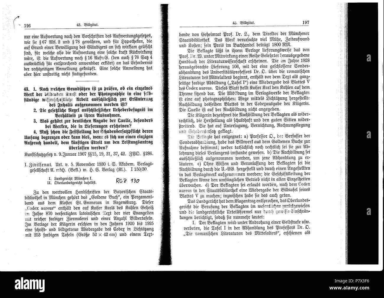 De: Dies ist ein Scan des historischen Buches: Entscheidungen des Reichsgerichts in Zivilsachen Bd. 130, S. 196 ss. - En: questa è una scansione del documento storico: . N/A 129 De RGZ 130 1 Foto Stock