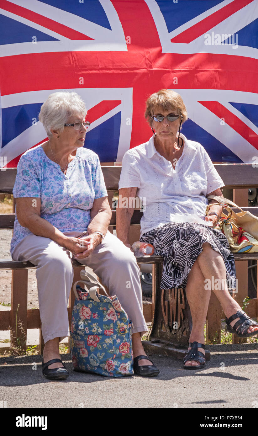 Due persone di mezza età ladies godendo il tempo in estate, England, Regno Unito Foto Stock