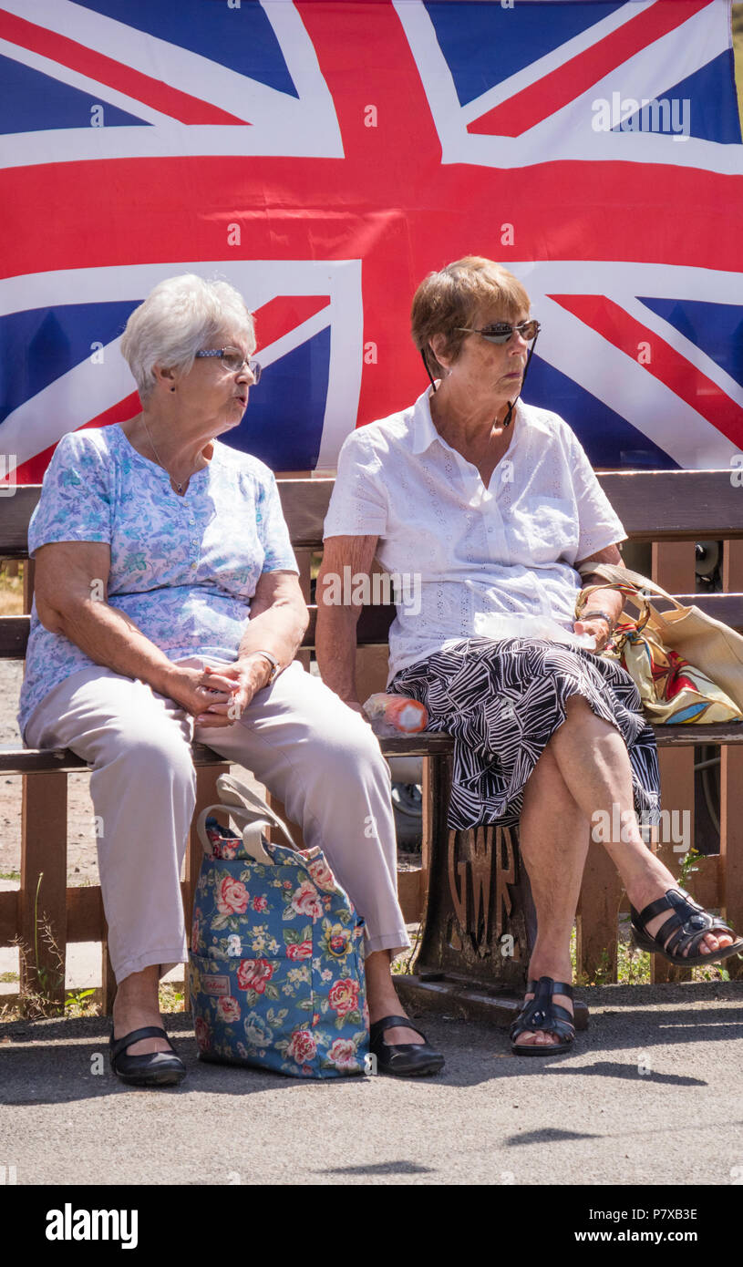 Due persone di mezza età ladies godendo il tempo in estate, England, Regno Unito Foto Stock