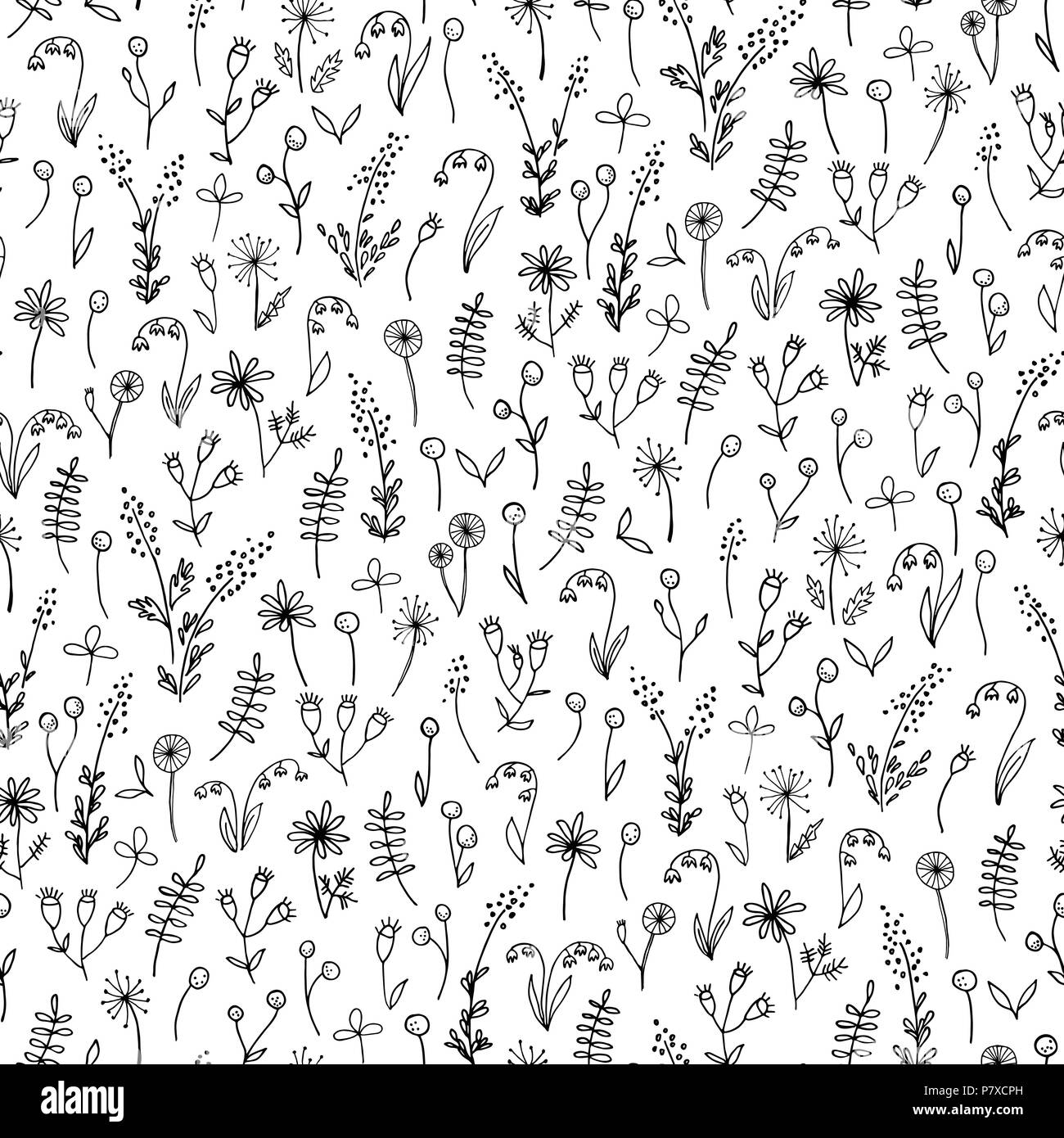 In bianco e nero disegnato a mano Doodle vettore floreali Seamless Pattern. Grazioso Prato Fiori e Foglie Silhouette. Disegno della linea Allover sfondo. Illustrazione Vettoriale