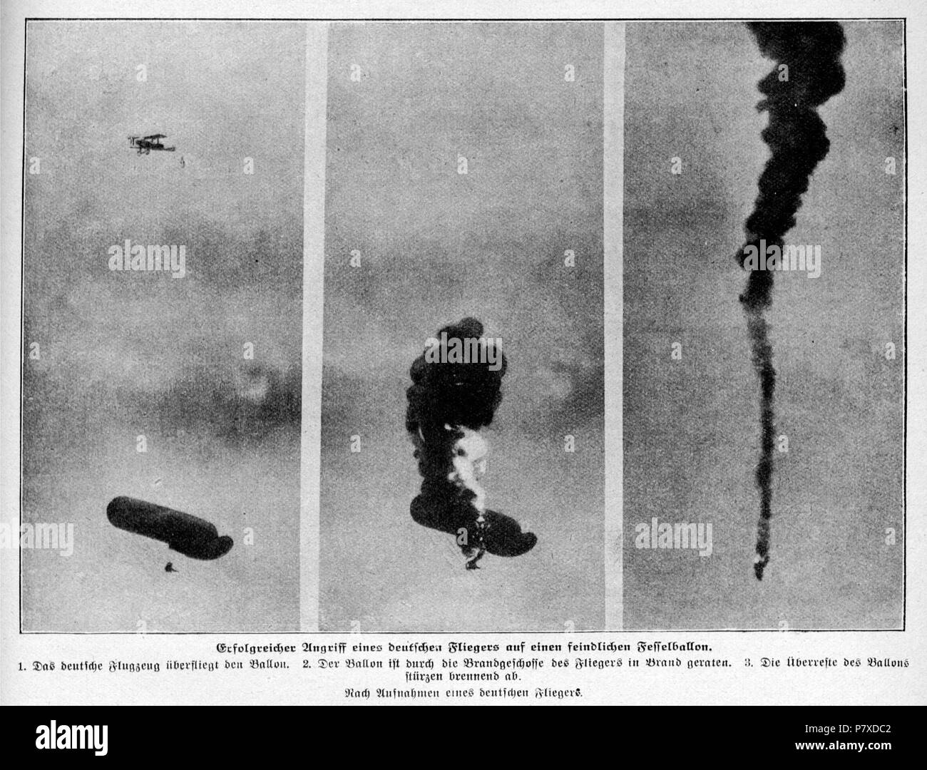 Inglese: questa sequenza di tre immagini successive da uno sconosciuto tedesco WW I pilota dimostra un biplano le riprese con successo a un tethered "kite' osservazione palloncino volare al di sotto. La foto è apparso in leader del mercato tedesco WW I magazine nel 1918. La foto è datata ma probabilmente - e come la maggior parte delle foto nella rivista - abbastanza corrente, cioè dal 1918. Deutsch: Diese Bilderfolge eines 'deutschen Fliegers', nome dessen nicht genannt wird, zeigt den Abschuss eines Luftschiffs durch Brandgeschosse eines darüber fliegenden Doppeldeckers. Die Bildunterschrift lautet. "Erfolgreicher Angriff eines deutschen Foto Stock