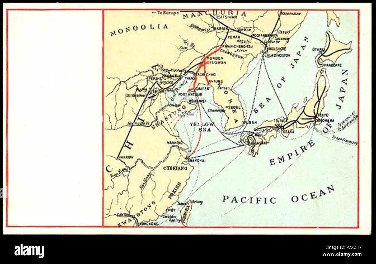 Inglese: cartolina promozionale rilasciato dal Sud Manciuria Railway Co., che fornisce il 'minimo e percorso più rapido tra Estremo Oriente ed Europa via Dairen'. Il Sud la Manciuria la rete ferroviaria è mostrato in arancione. Il 15 luglio 2014, 19:00:04 351 Sud Manciuria promozionali ferroviarie Foto Stock