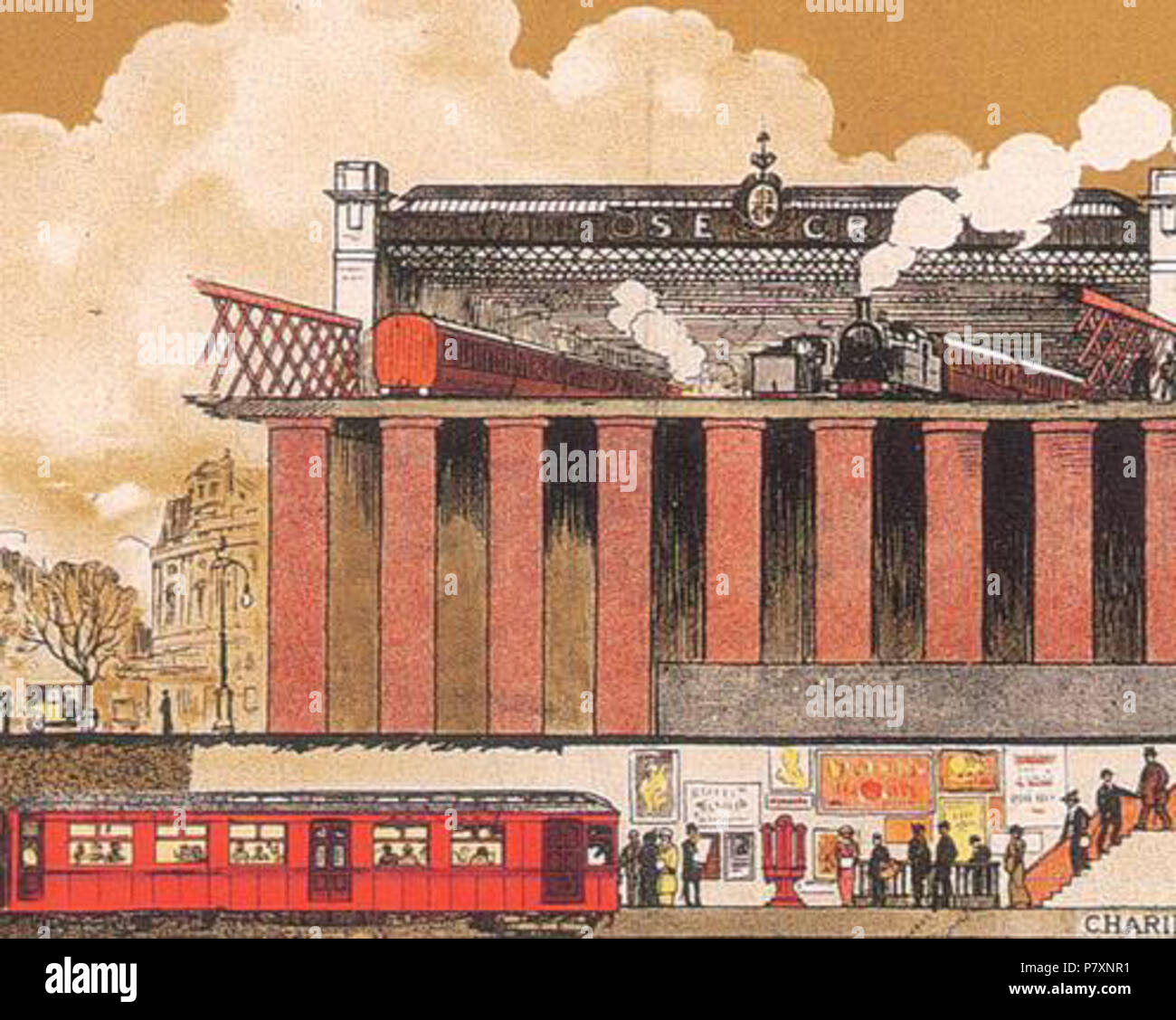 La metropolitana District treno alla stazione Embankment è mostrato sotto Charing Cross a Londra nel 1914 in una sezione di un poster da pubblicità UERL apertura di Charing Cross e Euston e Hampstead estensione ferroviario alla stazione della metropolitana di Charing Cross di Londra . 15 Marzo 2012 134 District Ferrovia a Charing Cross Foto Stock