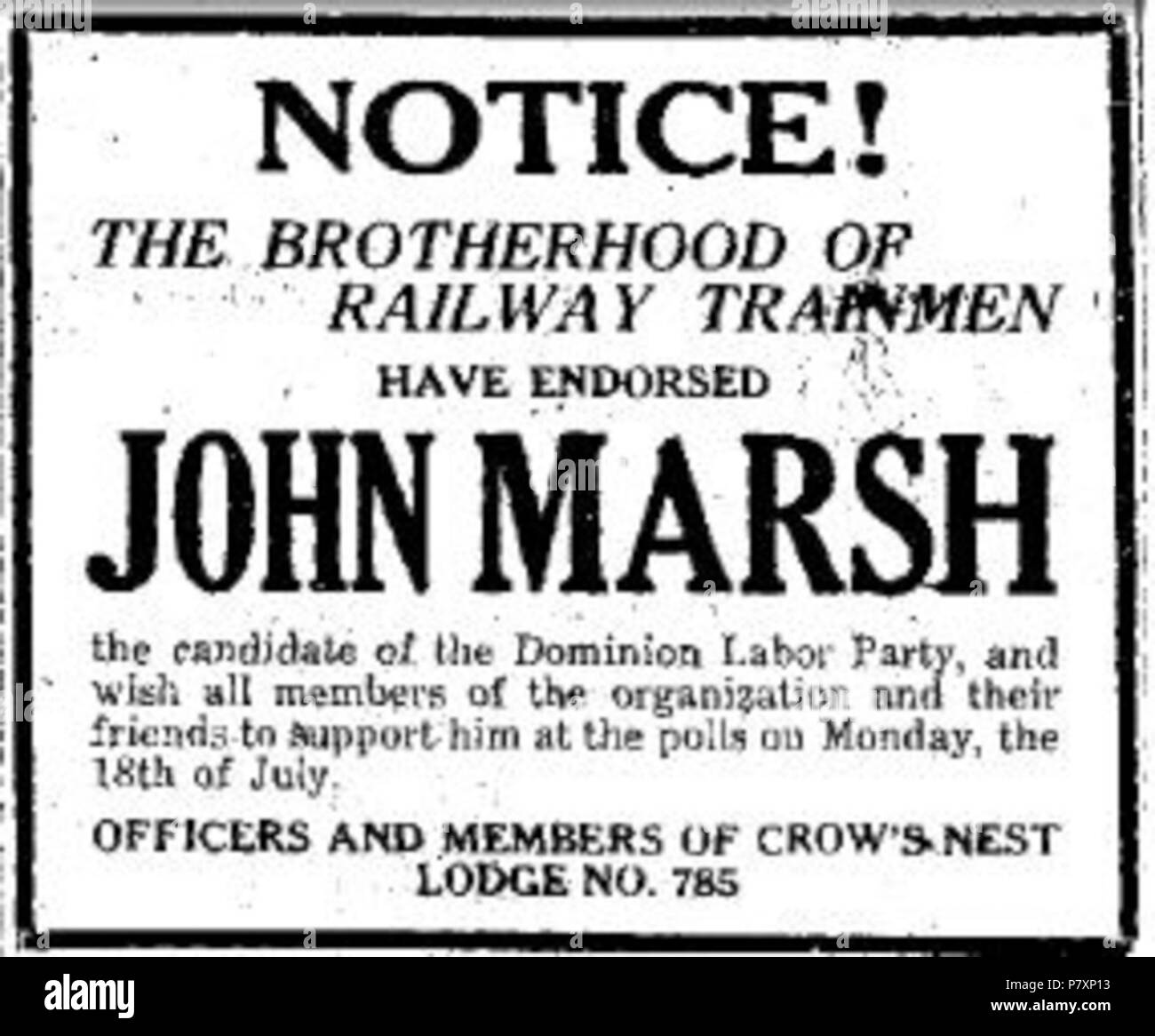 Inglese: questo è un messaggio pubblicitario storico che mostra un'approvazione per il dominio del partito laburista candidato John Marsh dal luglio 1921 Alberta elezione generale. Questo è stato scansionato dal luglio 15, 1921 edizione del Lethbridge Herald . 15 Luglio 1921 135 Dominion annuncio di lavoro Foto Stock