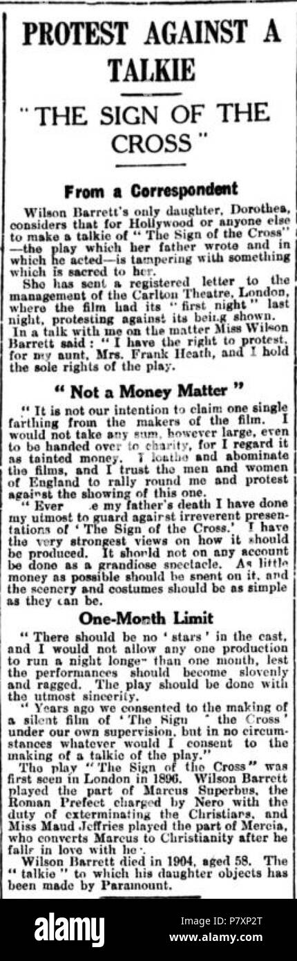 Inglese: un rapporto della stampa che dettaglia le preoccupazioni di Dorothea Barrett relative a un 'Talkie' versione di suo padre di gioco . 31 Gennaio 1933 135 Dorothea Barrett la protesta Foto Stock