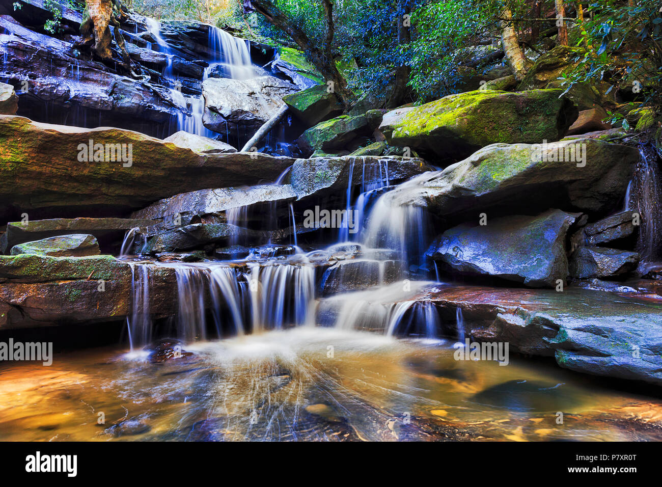 Buon cascata che scorre verso il basso cascata di rocce di arenaria in una profonda insenatura della foresta pluviale vicino SOmersby su Australian Central Coast. Foto Stock