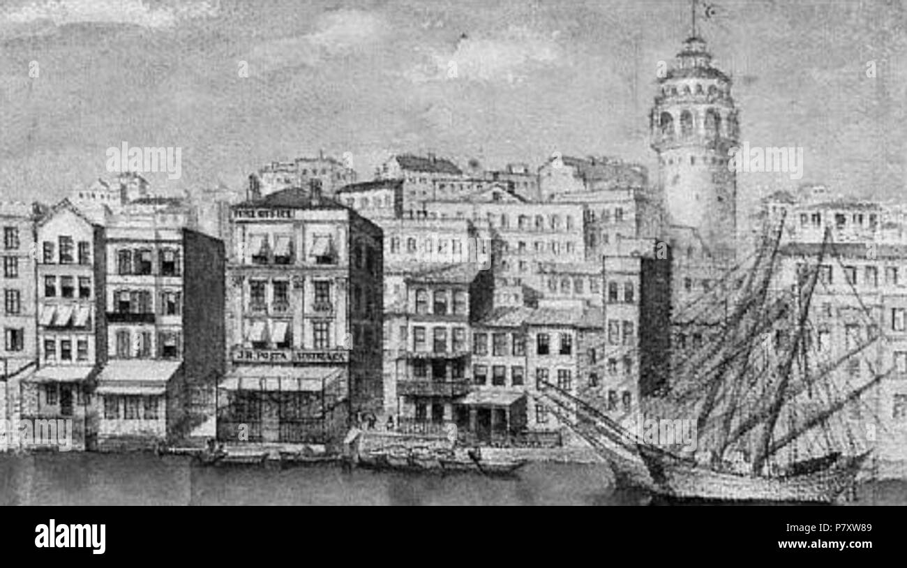 Inglese: fine ottocento vista del Galata quai, Costantinopoli, con Austrian Post office edificio centro visibile a sinistra. In lingua Italiana segno sopra la tenda, "I. R. Posta Austriaca', sta per Imperiale e Regio Austrian Post. Acquerello da Eduard Gandolfi, c. 1885-1900. 15 ottobre 2014, 18:04:15 166 Galata Gandolfi Foto Stock