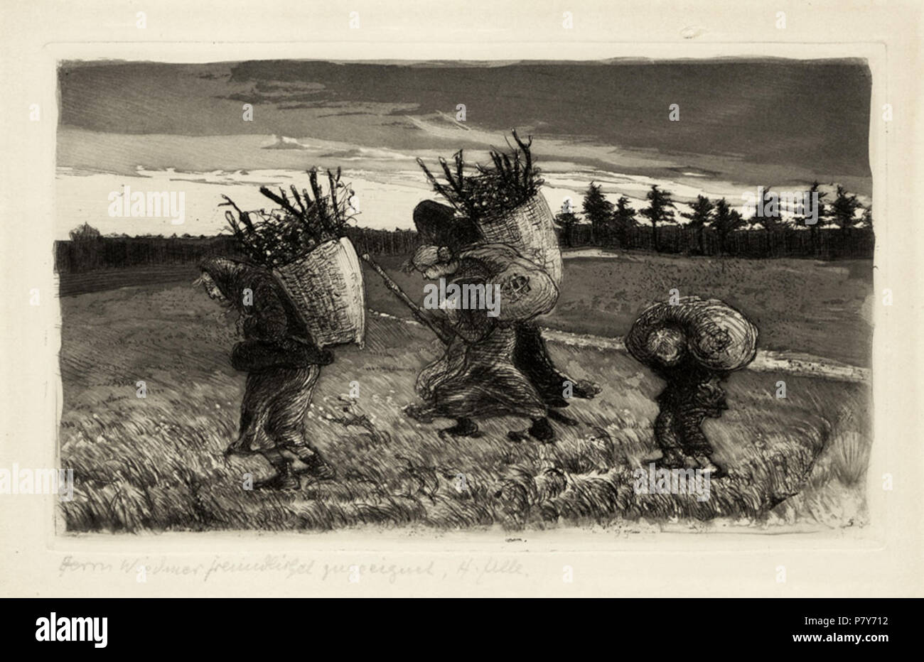 Herbst. Radierung und Aquatinta auf chamoisfarbenem Kupferdruckkarton. 13,9 x 23 cm (Plattenrand); 19,9 x 28,5 cm (Blattgröße). Gewidmet und signiert 'Herrn Wiedmer freundlichst zugeeignet, H. Zille". (1895). Rosenbach 11 d von (e). 1895 189 Heinrich Zille Herbst 1895 Foto Stock