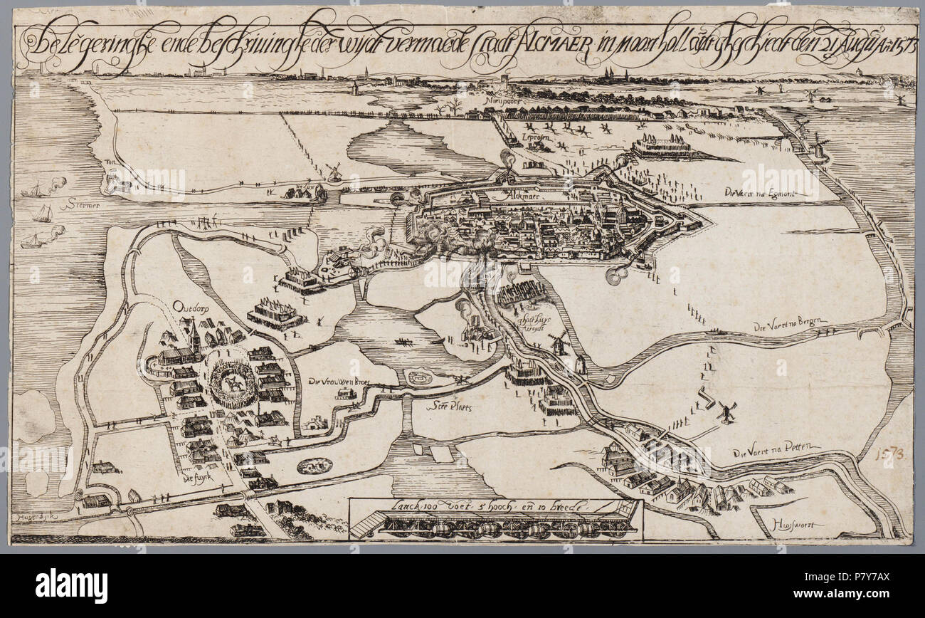 "Belegeringhe ende beschrivinghe der wijdt vermaerde stadt Alcmaer in Noorthollandt geschiedt den 21 Augustus anno 1573'. Kaart van Alkmaar en omstreken tijdens het beleg van 1573. Linksonder Oudorp met het Spaanse legerkamp, rechtsonder het dorp Huiswaard. Middenonder een stormram, lang 110 voet, hoog 5 voet en razza 10 voet. Vervaardiger: Onbekend Catalogusnummer: PR 1003147 . Il 31 marzo 2016, 14:27 192 Het beleg van Alkmaar (25548273913) Foto Stock