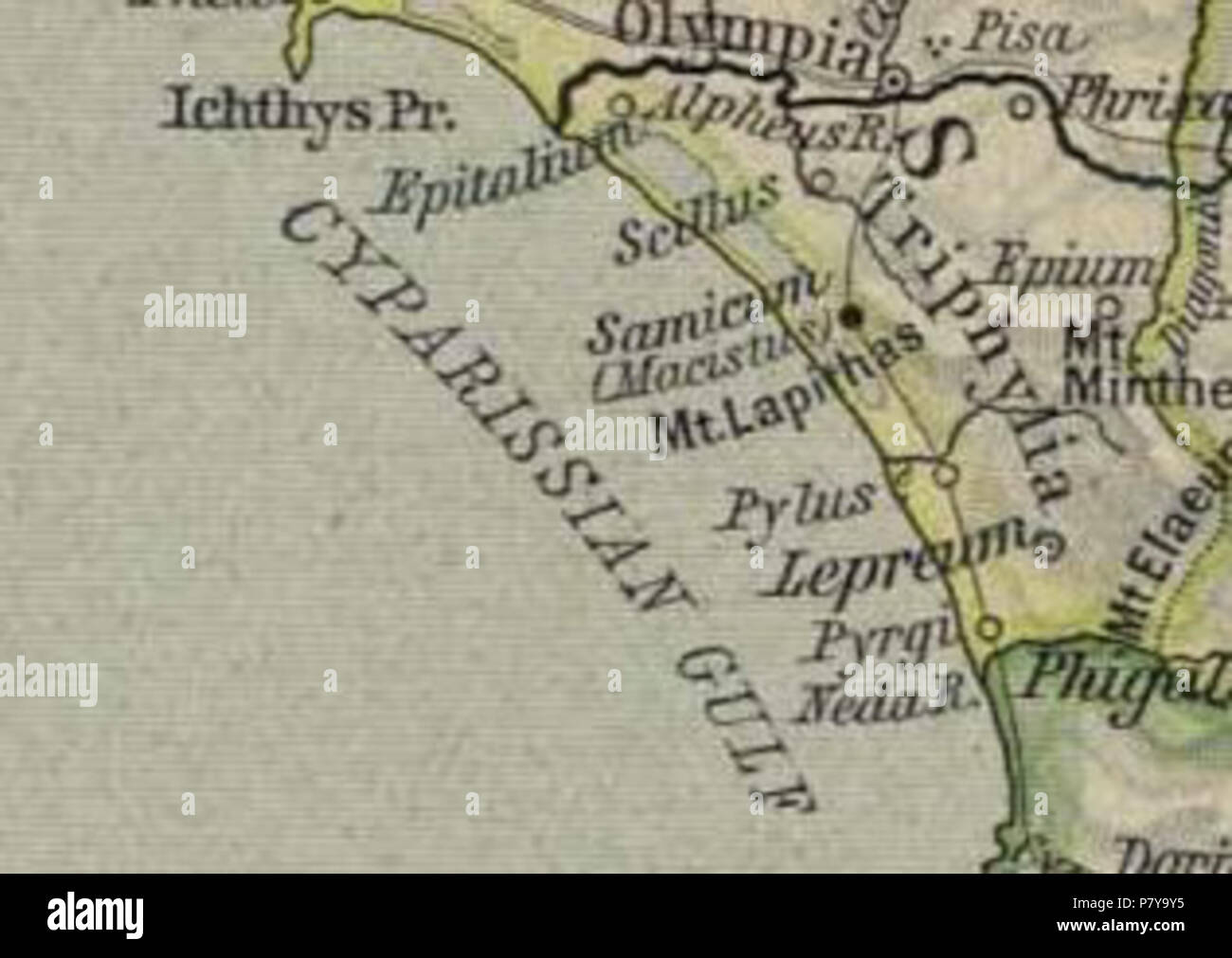 Inglese: Mappa di Lepreus, ritagliato dalla vecchia mappa della Grecia, dal Perry-Castañeda Library Map Collection, atlante storico di William R. Pastore . 1911 244 Lepreumap Foto Stock