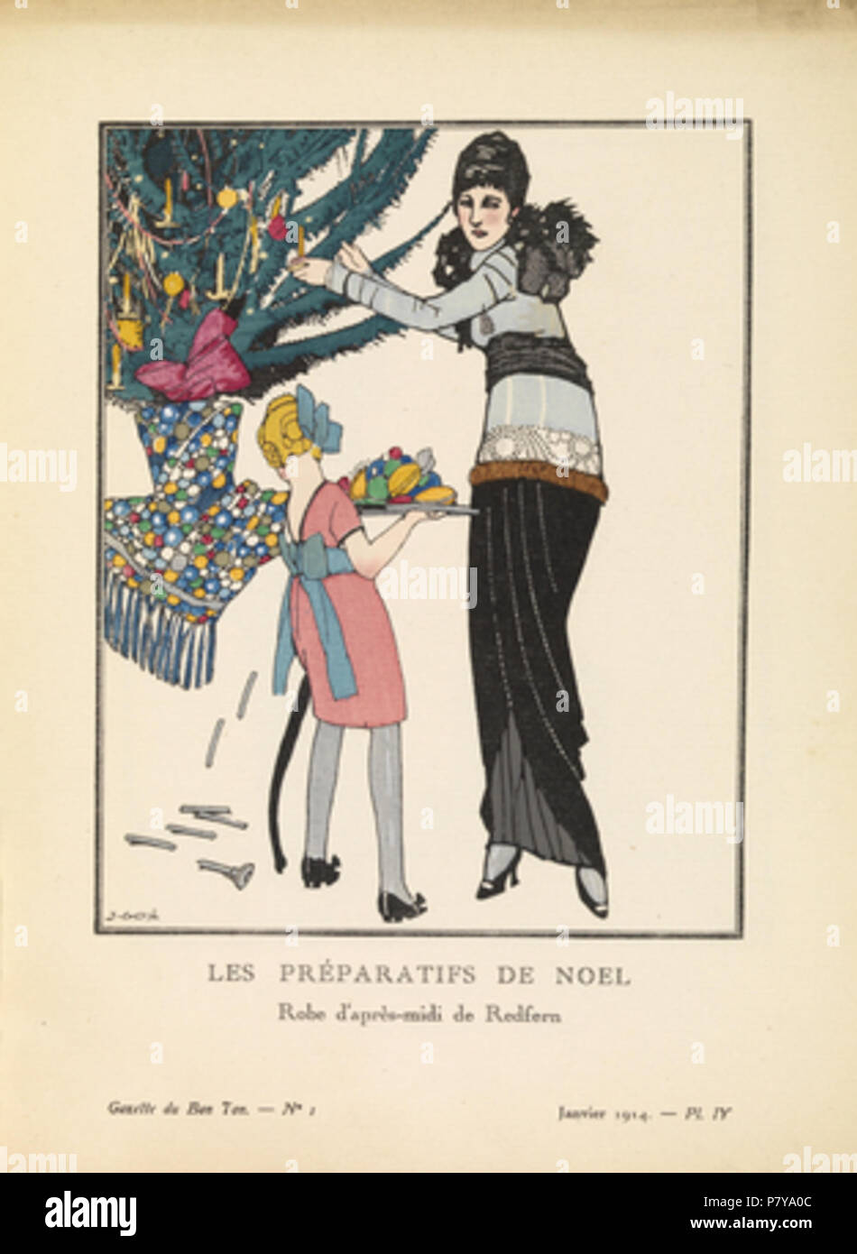 Piastra di moda dal 1914 "La Gazette du Bon Ton titolo: 'Les Préparitifs de Noël, manto d'après-midi de Redfern' ('i preparativi per il Natale, pomeriggio abito da Redfern') . 1914 244 Lespreparatifsdenoel Foto Stock