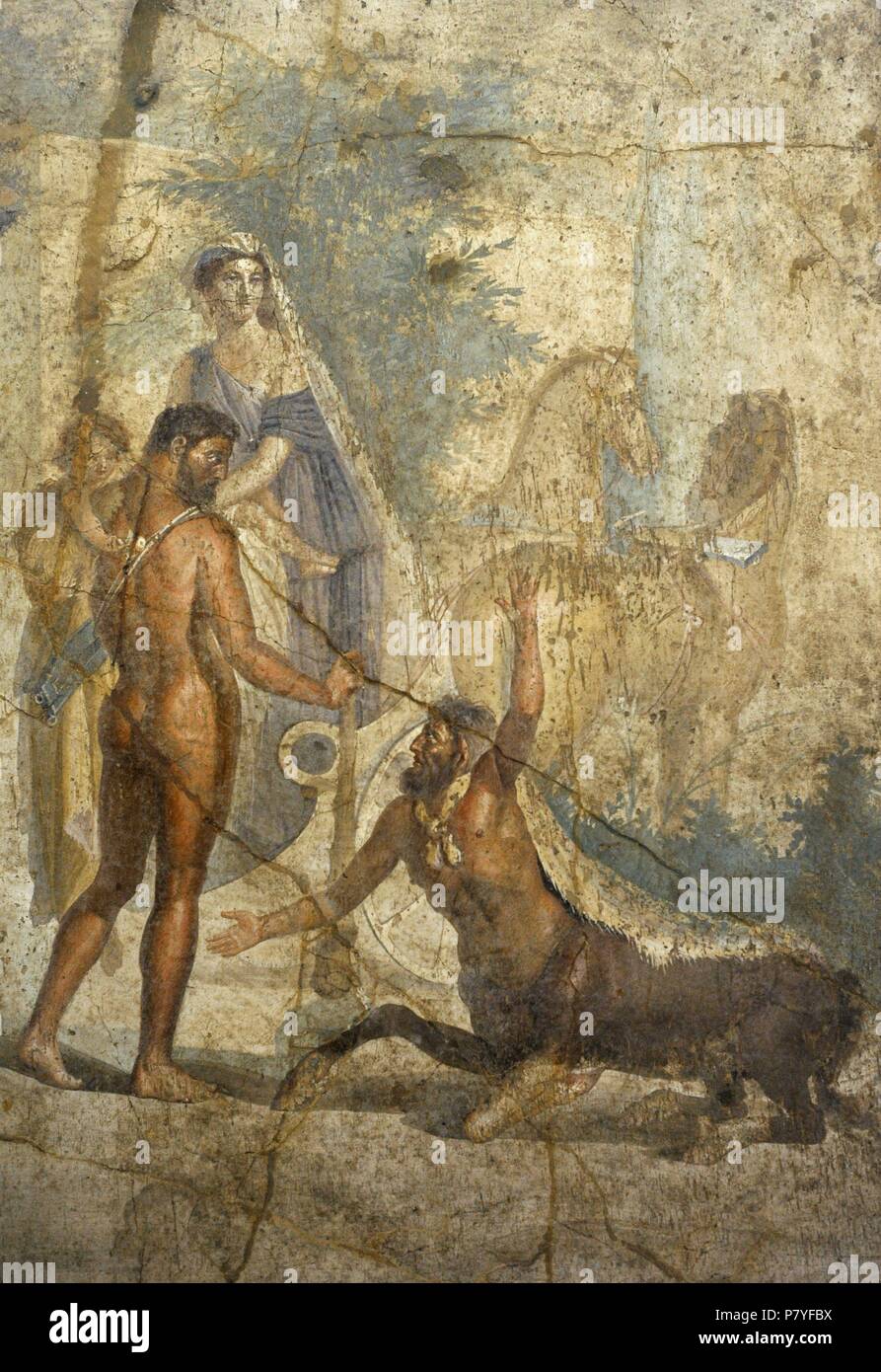 Heracles con Hyllus in armi, guarda il centauro nessus. Accanto a loro Deianira. I secolo d.c. Casa del centauro. Pompei. Museo Archeologico Nazionale. Napoli. L'Italia. Foto Stock