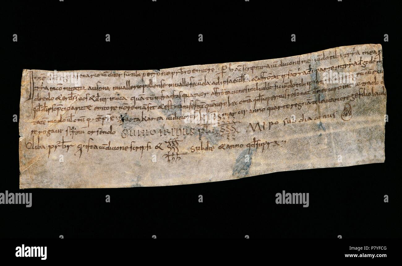 Manoscritto su pergamena. Xi secolo. Scritte in piccolo marrone carolina lettera. Foto Stock
