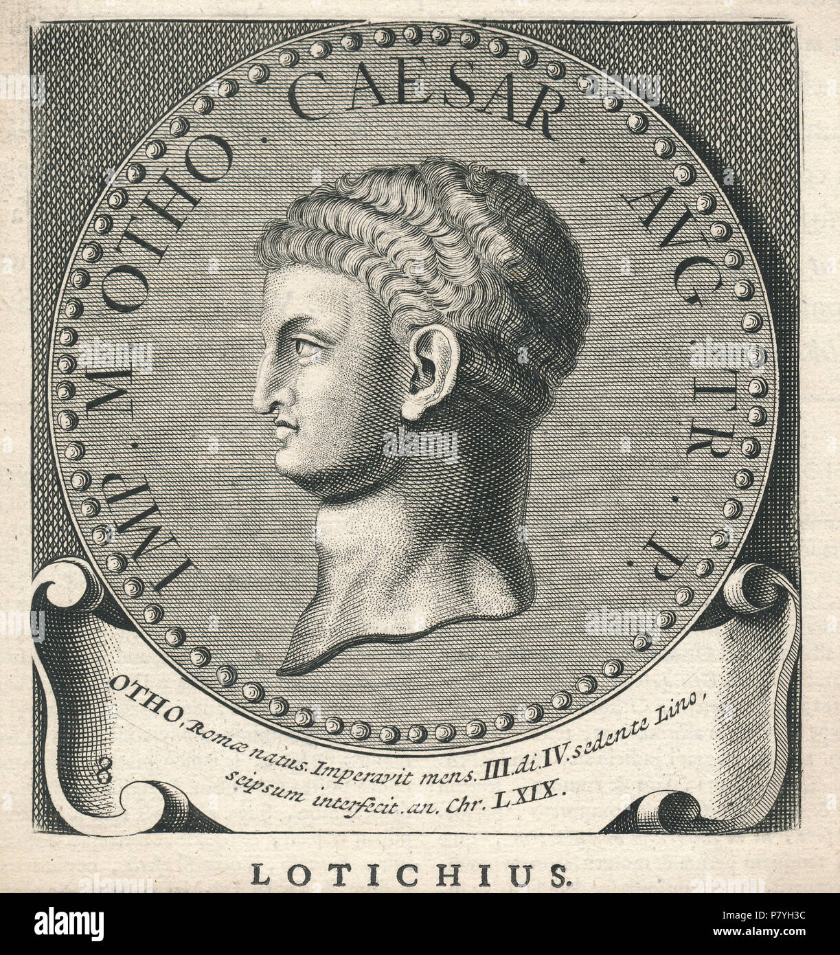 . Nederlands: Otho . Nederlands: rotocalco nel medaglione van Otho,Romeins keizer van 15-1 tot 17-4 69 gedurende het Vierkeizerjaar inglese: incisione del medaglione di Otho, imperatore romano 1-15 fino a 4-17-69 durante l'anno dei quattro imperatori . N/A 297 Otho Erfgoedcentrum Rozet 300 191 d 6 C (76) 0001 20171115 Foto Stock
