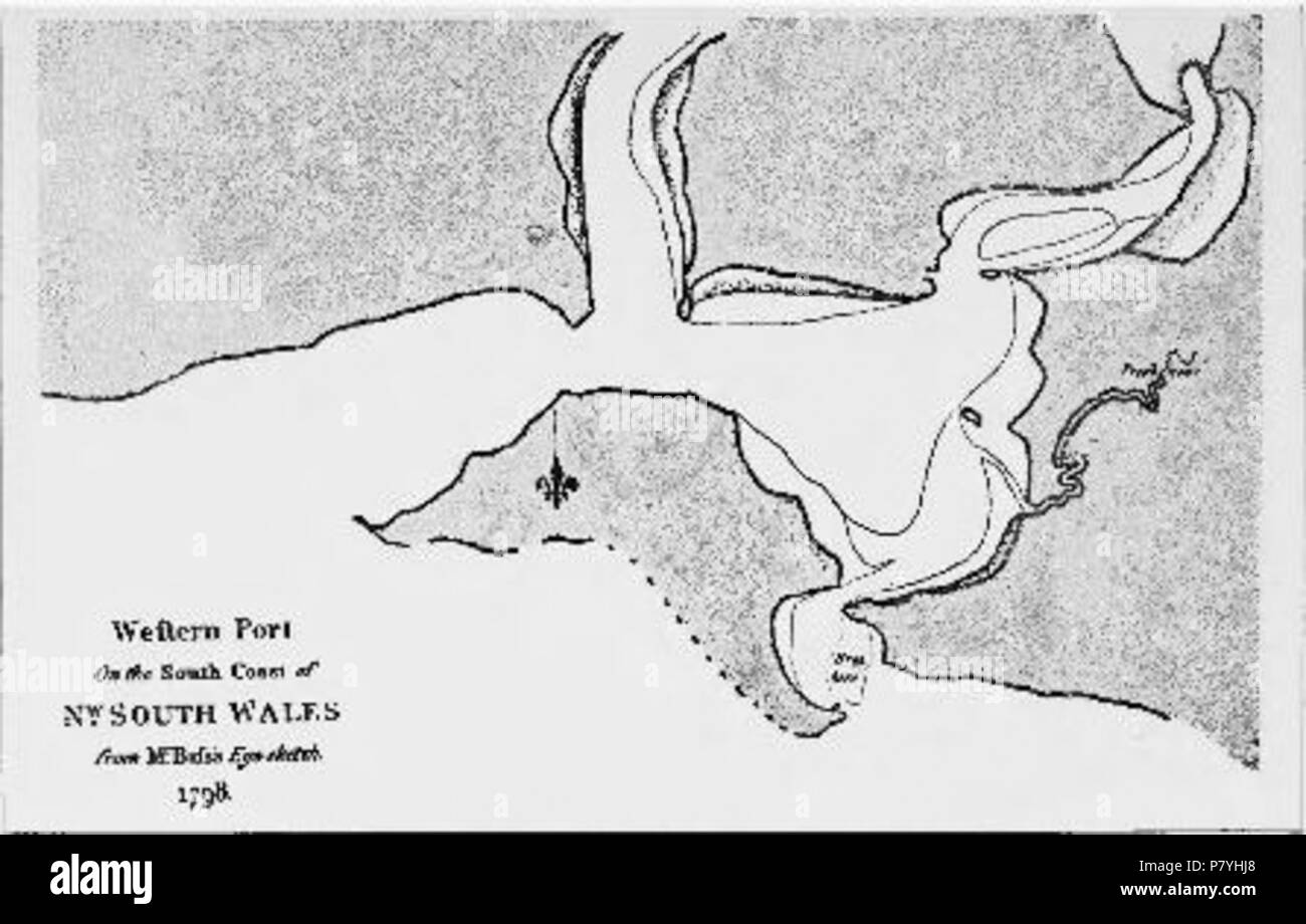 Si tratta di un eye-schizzo della mappa visualizzata sulla pagina 154 nella vita di Matthew Flinders da Ernest Scott. L'immagine è stata ruotata di 90° in senso orario a partire dall'originale. La didascalia recita: Western Porto sulla costa meridionale del nordovest Galles del Sud da McBliss"un eye-sketch. 1798. 12 marzo 2010, 19:34 (UTC), stampato in edizione 1914. 299 Pagina 154 mappa (la vita di Matthew Flinders) Foto Stock