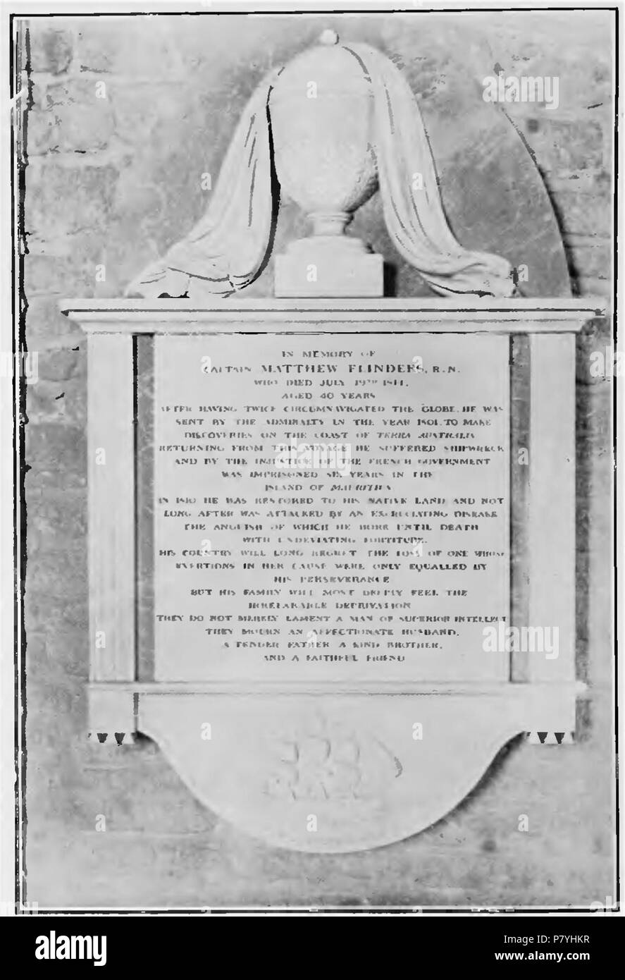 Questo è il memoriale di Matthew Flinders visualizzato sulla pagina 521 nella vita di Matthew Flinders da Ernest Scott. Il memoriale si legge: in memoria del capitano Flinders Matthew, r.n. di 40 anni dopo aver due volte circumnavigare il globo. Egli fu inviato dall'Admiralty nell'anno 1801, a fare scoperte sulla costa della terra australis. tornando da questo viaggio ha sofferto di naufragio e dall'ingiustizia del governo francese è stato imprigionato per sei anni nell'isola di Maurizio. Nel 1810 fu restaurato alla sua terra nativa e non molto tempo dopo che è stato attaccato da un crudele malattia. l'angoscia h Foto Stock