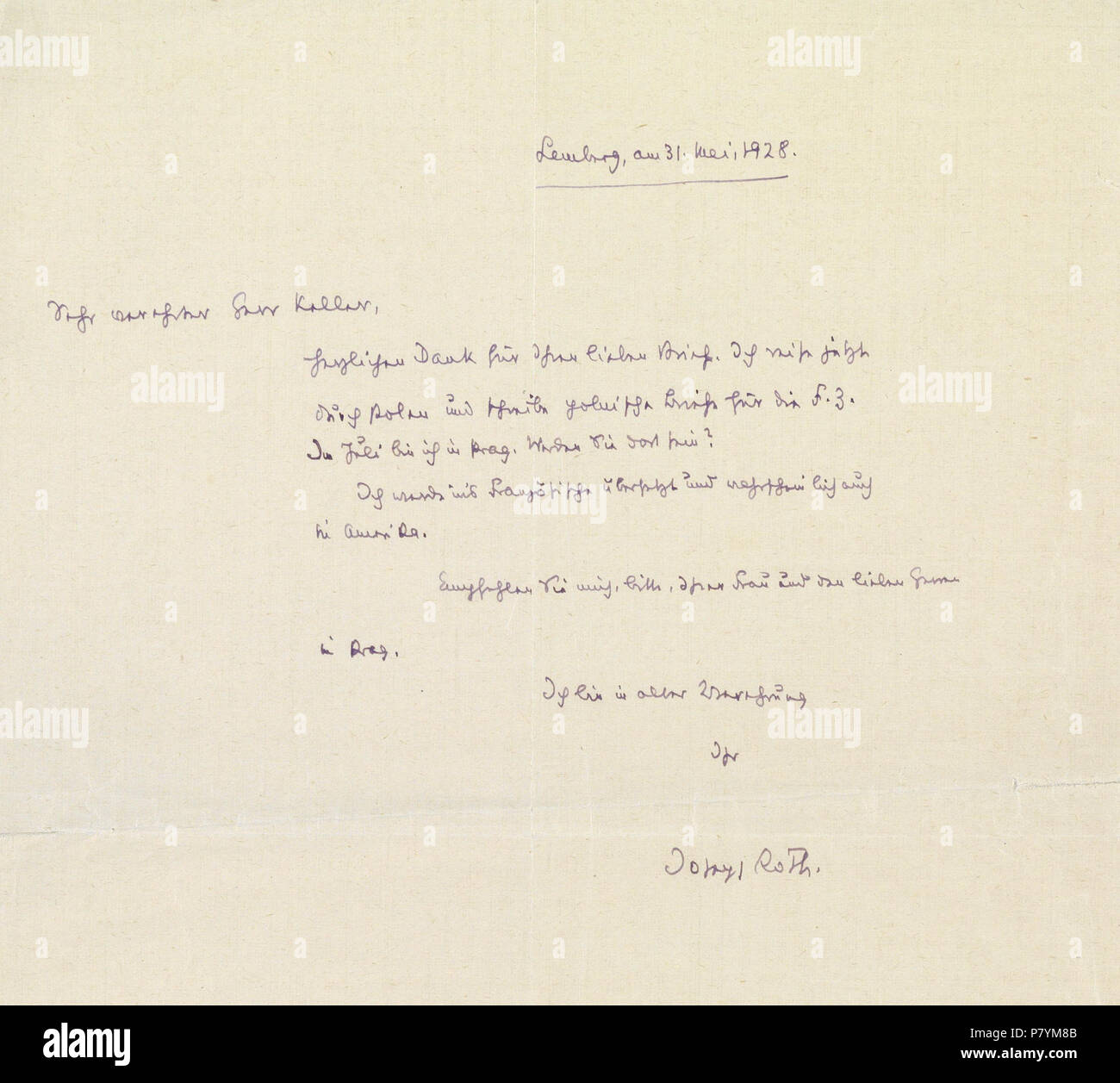 Breve Joseph Roth un Herrn Koller, Lemberg, 31. Mai 1928, 'Sehr verehrter Herr Koller, herzlichen Dank für Ihren lieben breve. Ich reise jetzt durch Polen und schreibe polnische Briefe für die F[rankfurter]. Z[eitung]. Im Juli bin ich in Prag. Werden Sie dort sein Ich werde ins Französische übersetzt und wahrscheinlich auch in Amerika. Empfehlen Sie mich bitte Ihrer Frau und den lieben Herren in Prag. Ich bin in aller Verehrung Ihr Joseph Roth'. 31 Maggio 1928 222 Joseph Roth un Koller 1928-05-31 Foto Stock