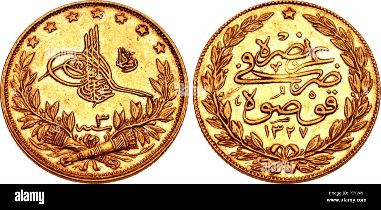 Inglese: islamica, Impero Ottomano. Mehmed V Rashad. AH 1327-1336 / 1909-1918 annunci. AV 100 kurush - Liralk (22mm, 7.19 g, 12h). Visita di menta problema. Kosova (Kosovo) menta. Dualmente datata AH 1327 e RY 3 (ANNUNCIO 1911). Tughra; reshad in arabo a destra; 3 sanat (RY data) in arabo al di sotto; tutte entro corona di alloro con attraversata turcassi oltre i legami; sette stelle sopra / zarb kosova fi 1327 az nasrah (colpito Kosova in 1327 Può la sua vittoria essere gloriosa) in arabo; tutte entro corona di alloro; stella sopra. Ölçer, Mehmed 35 322; Sultan -; Pere 1011; KM 800; Friedberg 61b. Buona VF, tracce di lucentezza sottostante, circolazione m Foto Stock