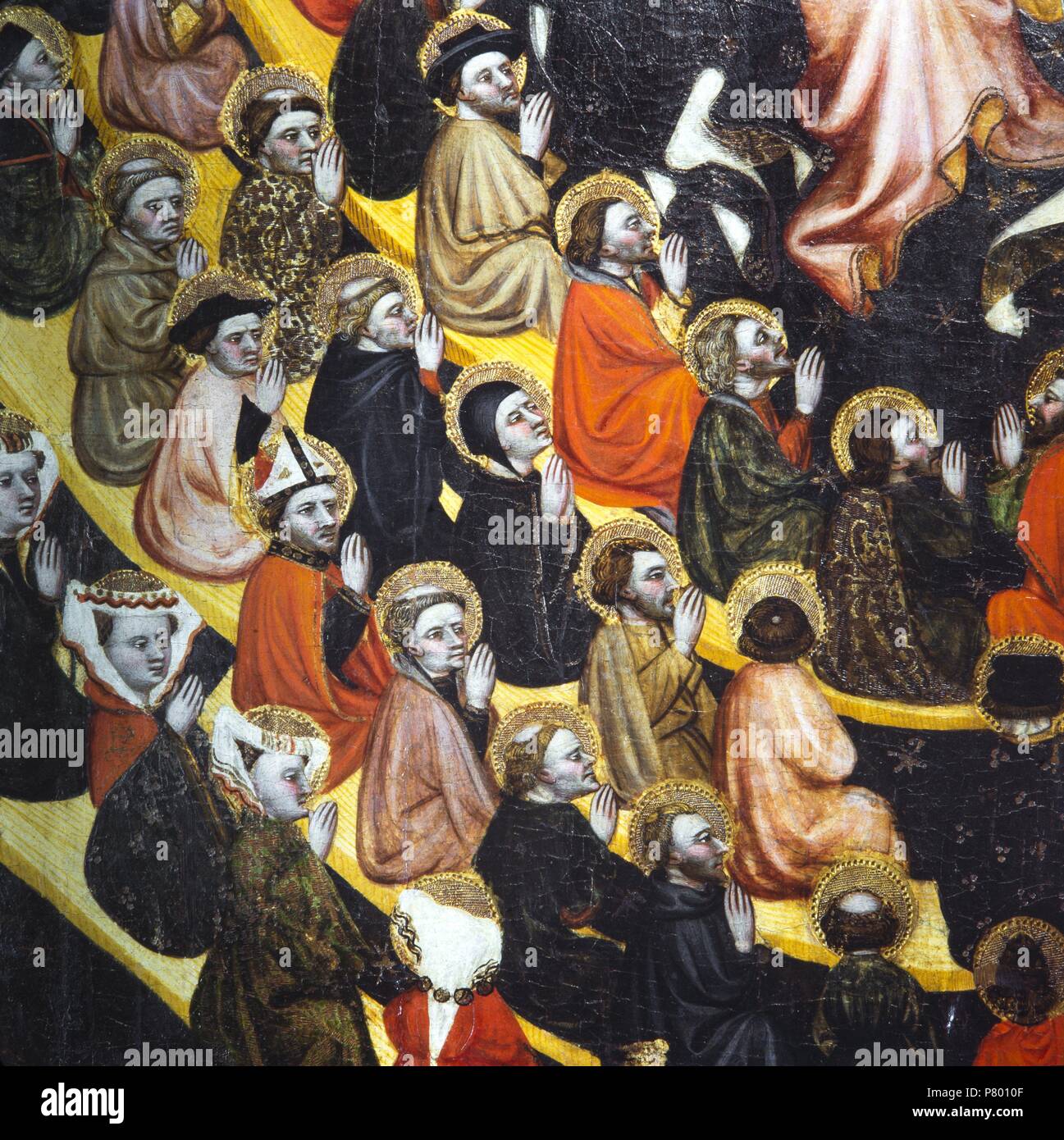 Retablo del Salvador, primer quarto de s. XV. Detalle de la comunión de los Santos. Un Atribuido Jaume Ferrer I. Pintura al temple sobre tabla. Il Museu Diocesà de Lleida. Foto Stock