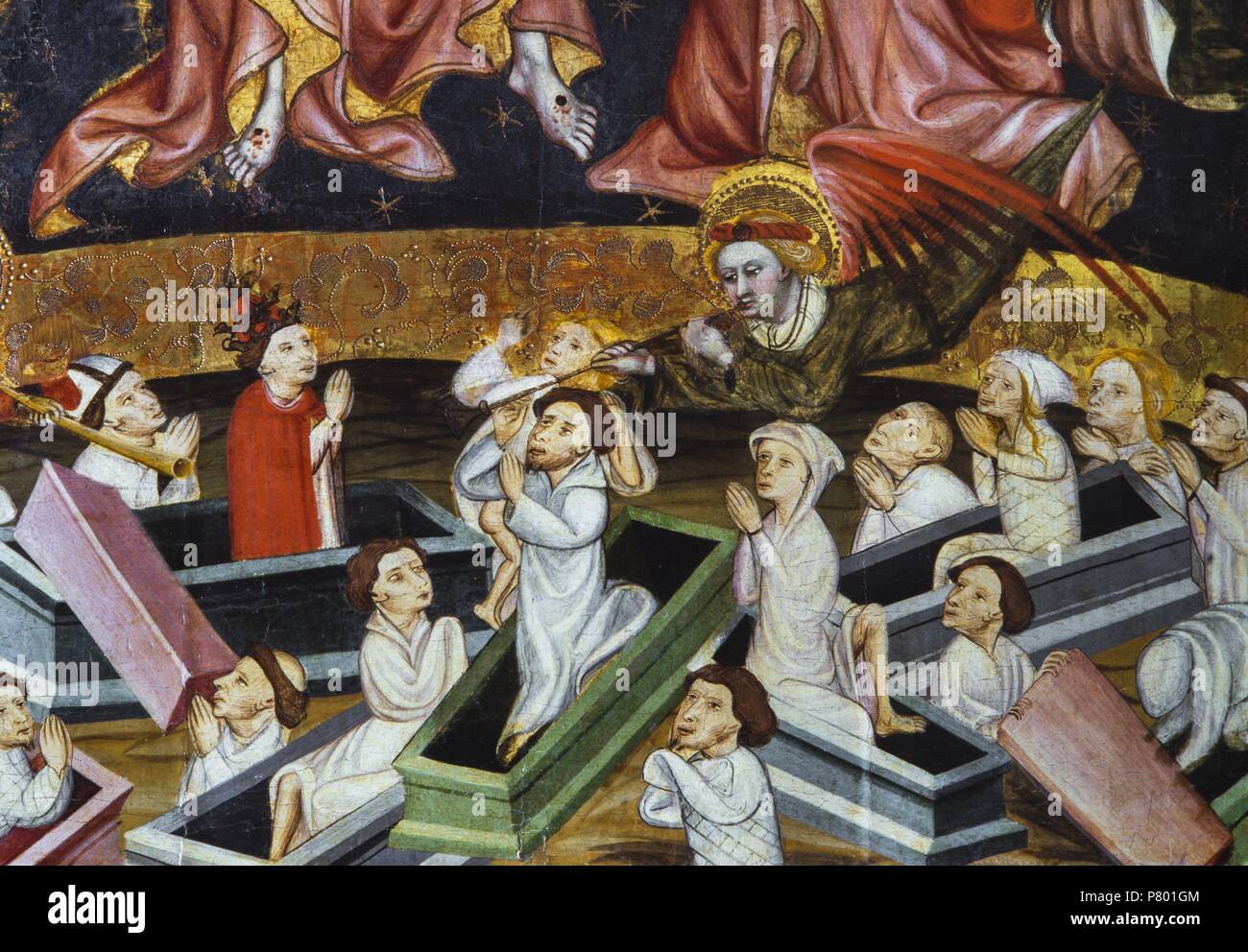 Retablo del Salvador, primer quarto de s. XV. Detalle de la resurreción de los Muertos. Un Atribuido Jaume Ferrer I. Pintura al temple sobre tabla. Il Museu Diocesà de Lleida. Foto Stock