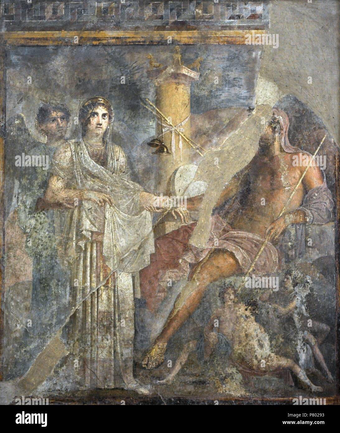 Hera, waring i vestiti formali della sposa è spinto verso Zeus da Iris. Il piccolo personificazioni coronato con fiori fare riferimento alla rigenerazione della natura che deriva dall'unione divina. Casa del Poeta Tragico. Pompei. Museo Archeologico Nazionale di Napoli. L'Italia. Foto Stock