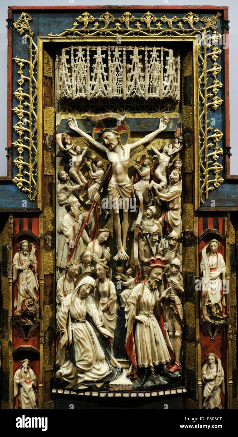 Artista inglese. Fabbricazione di Nottingham. Trittico della Passione, ca.1350-1400. Dettaglio della crocifissione. Alabastro, legno e vetro. Museo Nazionale di Capodimonte. Napoli. L'Italia. Foto Stock