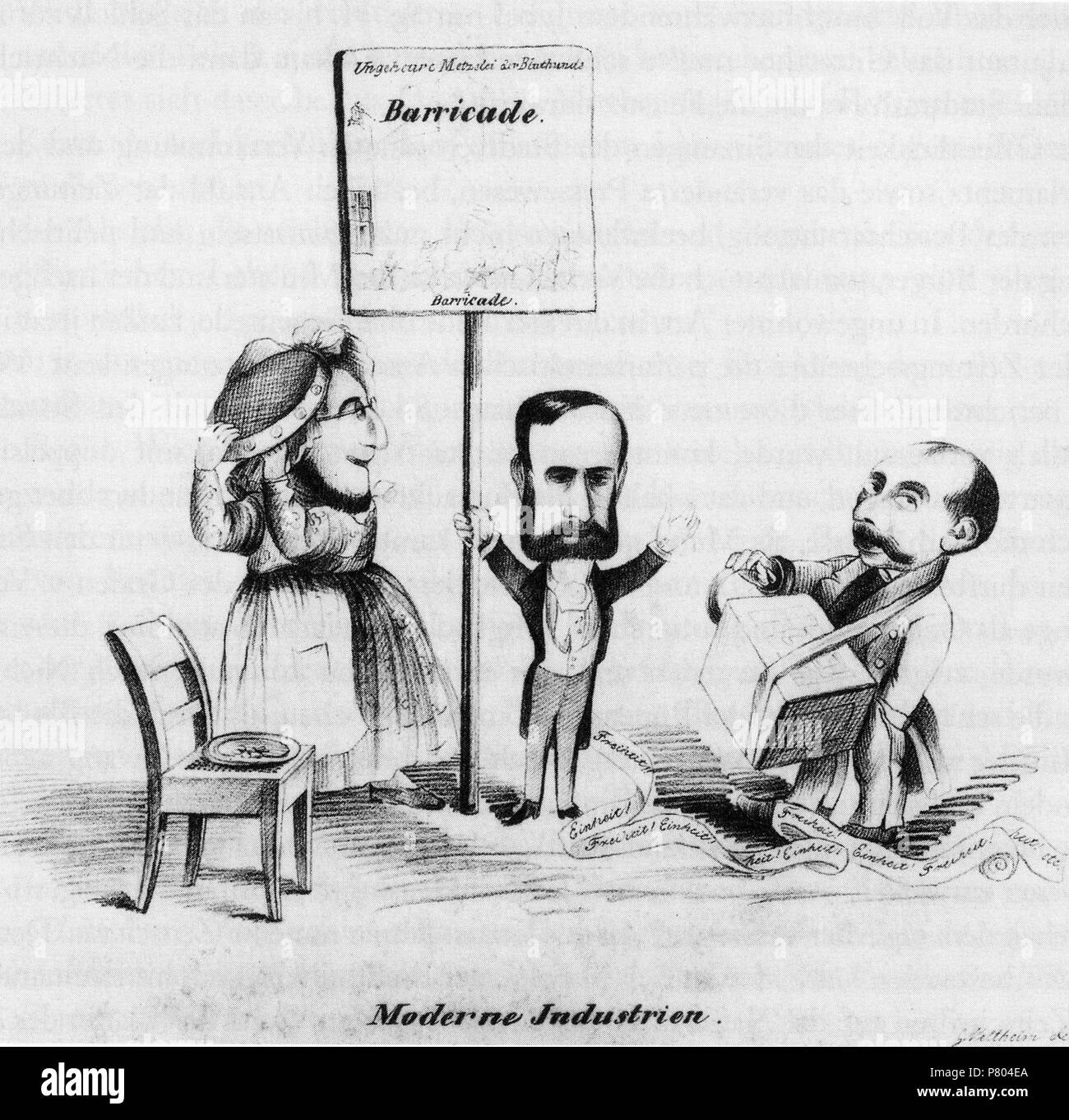 Deutsch: rivoluzione von 1848/1849 in Braunschweig: Karikatur "Moderne Industrien" von Hans von Veltheim. Dargestellt sind als Bänkelsänger: Adolf Aronheim (links), Agosto Hollandt (Mitte) und Lucius Egmont. 1848 / Scansione von de:Benutzer:Brunswyk von Aprile 2013 276 Moderne Industrien Karikatur 1848 Foto Stock