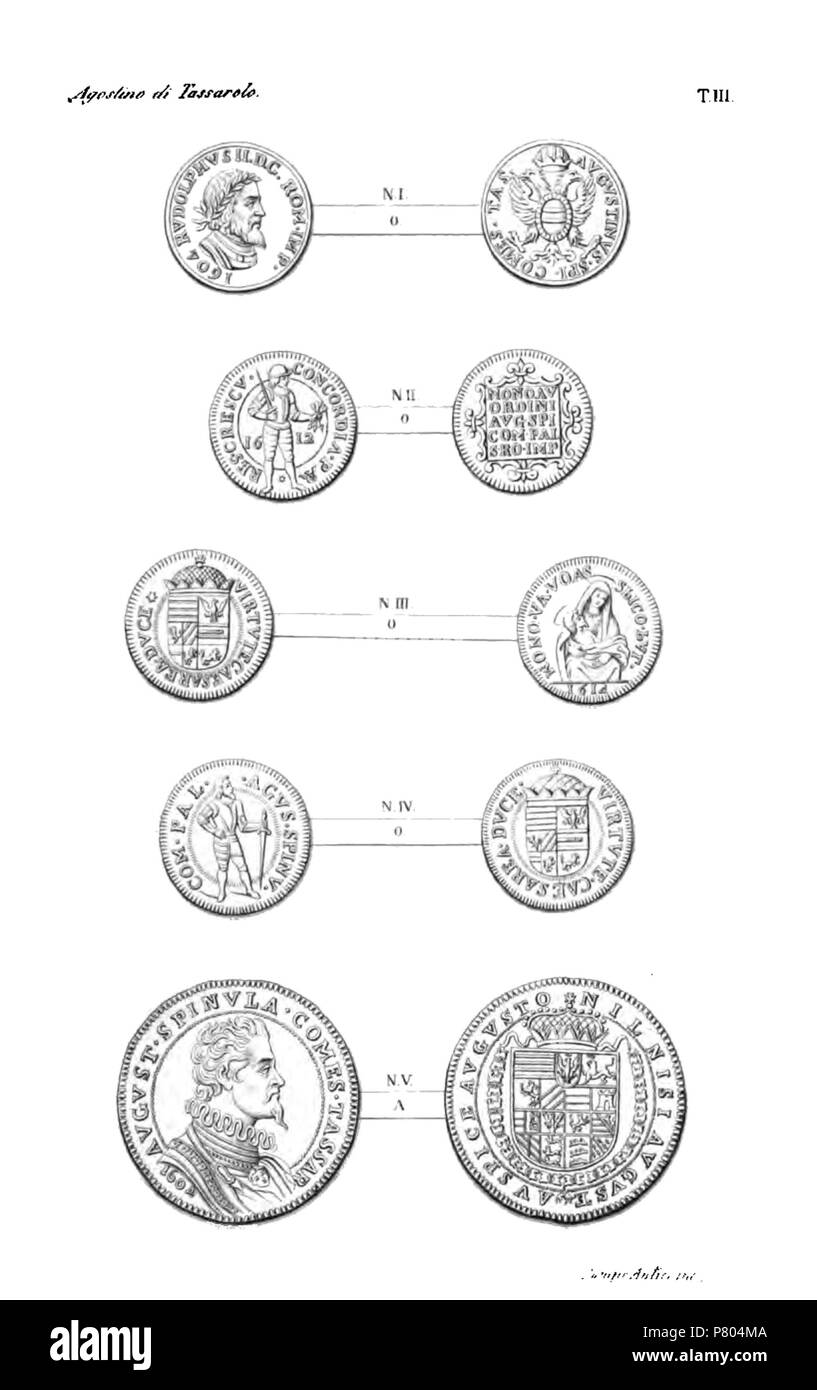 Inglese: Tabella III da: 'Monete e medaglie degli Spinola' Italiano: Tavola III da: 'Monete e medaglie degli Spinola' . 3 maggio 2011, 07:19 (ora UTC) 276 monete e medaglie degli Spinola tav III Foto Stock