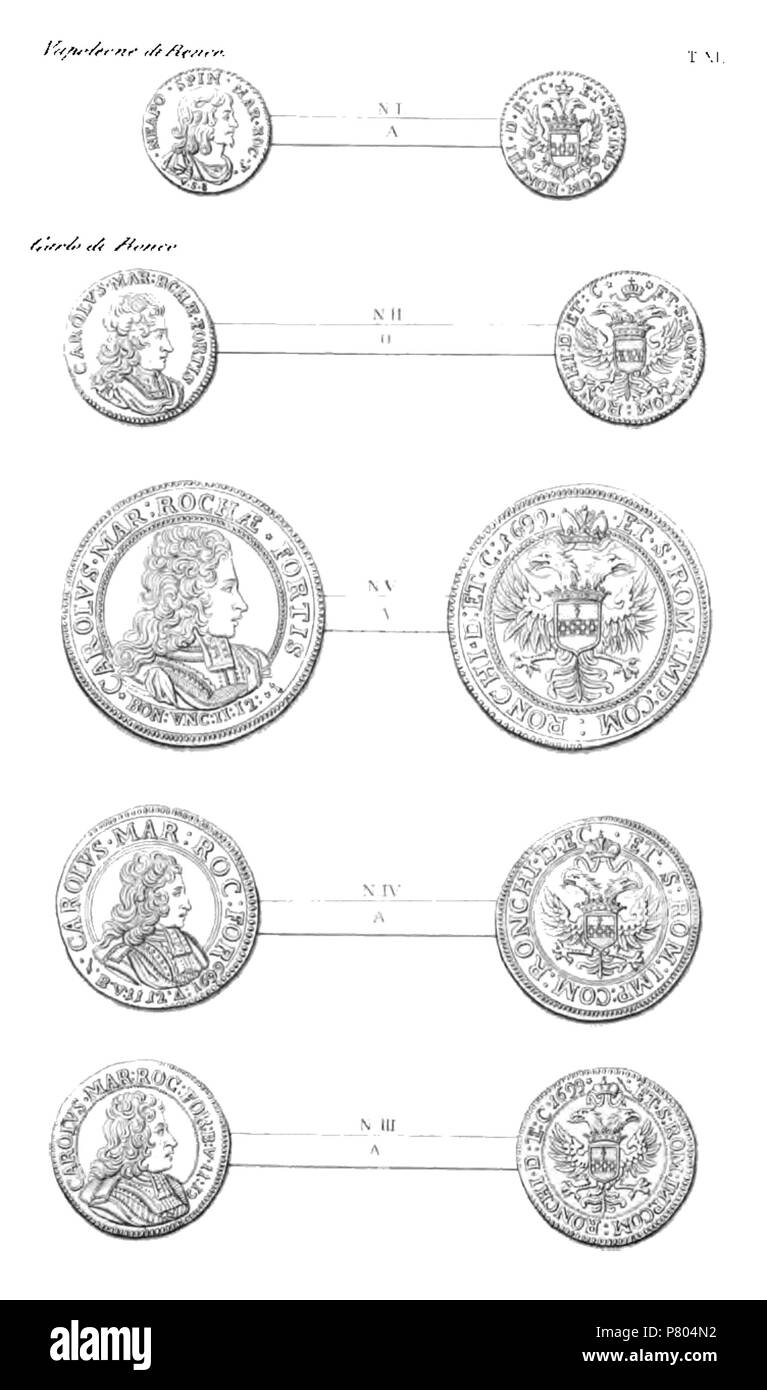Inglese: Tabella XI da: 'Monete e medaglie degli Spinola' Italiano: Tavola XI da: 'Monete e medaglie degli Spinola' . 3 maggio 2011, 15:03 (ora UTC) 276 monete e medaglie degli Spinola tav XI Foto Stock