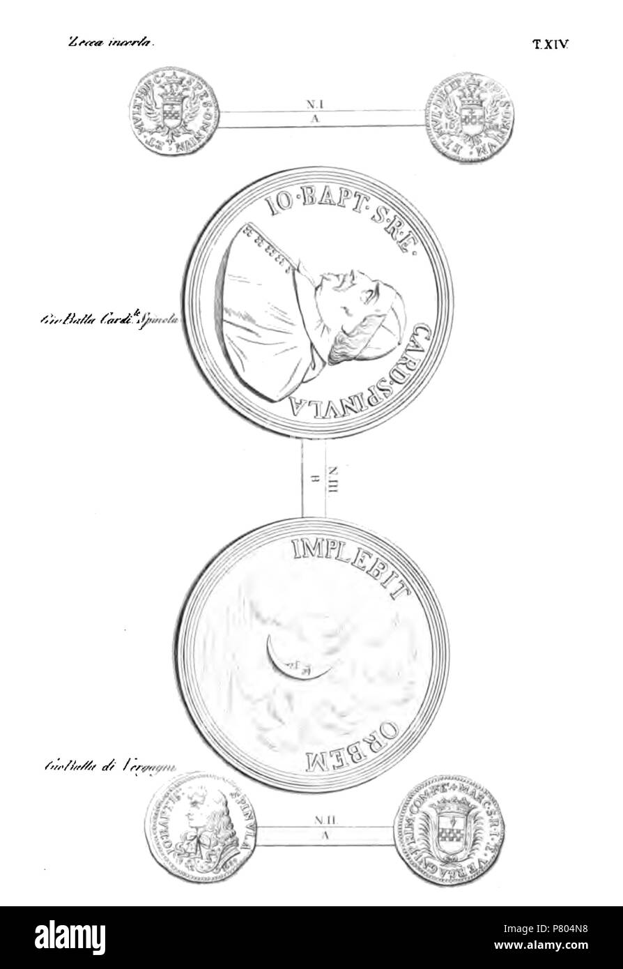 Inglese: Tabella XIV da: 'Monete e medaglie degli Spinola' Italiano: Tavola XIV da: 'Monete e medaglie degli Spinola' . 3 maggio 2011, 15:35 (ora UTC) 276 monete e medaglie degli Spinola tav XIV Foto Stock