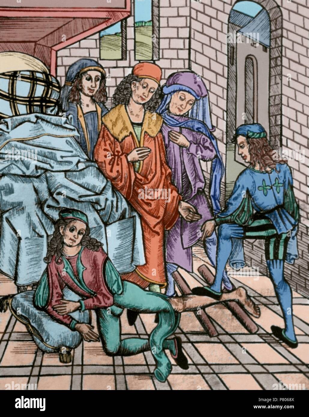 La medicina. Xv secolo. Il trattamento di una gamba fratturata osso. Xilografia in 'Dies ist das buch der chirurgia" (questo è il libro della chirurgia). Colorati. Foto Stock