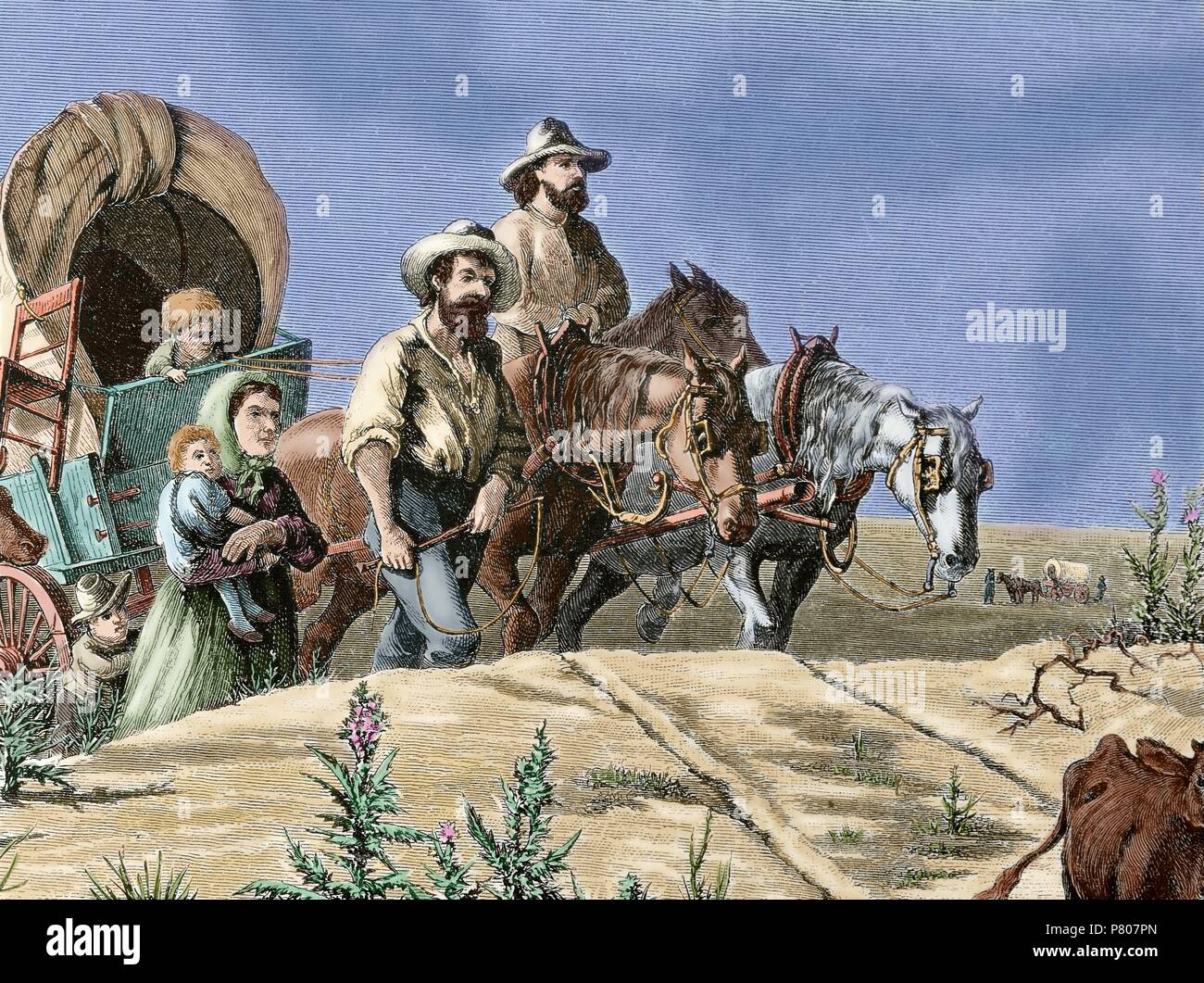 Gli Stati Uniti. Xix secolo. I coloni muovendosi da Arkansas al Texas in 1870. Incisione in 'Harper's Weekly', 1874. Incisione. Colorati. Foto Stock