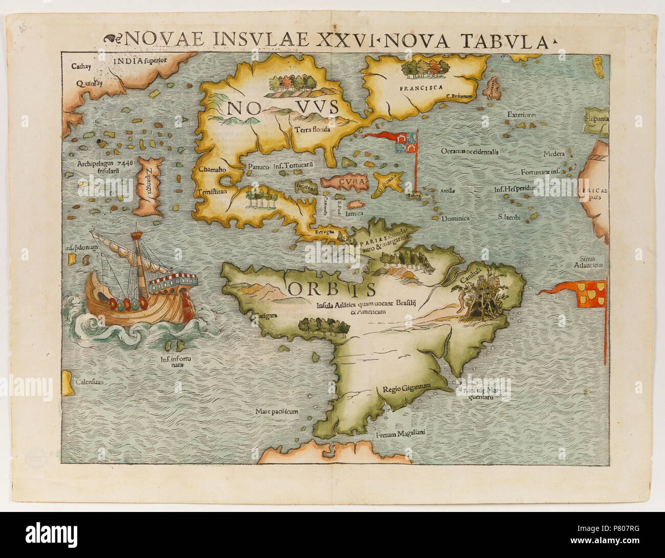 Inglese: Mappa della mostra America del Nord e del Sud, o "Nuovo Mondo". La mappa è apparso per la prima volta in Münster Cosmographia dell nel 1540s. La mappa è considerato per essere il primo a mostrare la interi continenti del Nord e Sud America. 1544 289 Novae Insulae Nova Tabula (Nuova mappa del Nuovo Mondo) Foto Stock