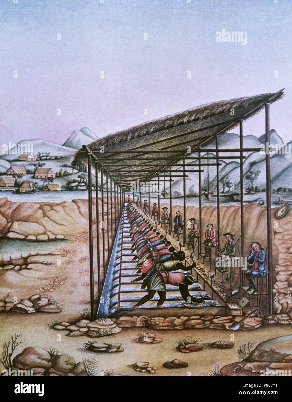 Sud America. Il Brasile. Depositi sedimentari di diamanti sono state scoperte nel 1725. Schiavi neri in una miniera, sotto la supervisione di caporeparto, eseguendo il processo di lavaggio per la separazione del diamante dalla scoria. Illustrazione del XVIII secolo. Foto Stock