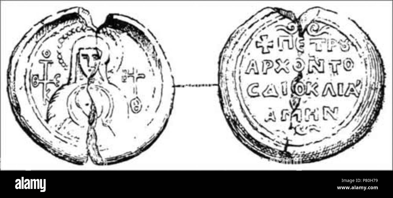 Portare il timbro di archon Pietro o Petar, la prima nota di office-titolare di Duklja. Egli ha vissuto nel decimo o undicesimo secolo. Essa è decorata sul osservare con il busto della Vergine Maria tenendo un medaglione di Cristo e fiancheggiato da due invoca cruciforme monogrammi. Il testo è in lettere greche, dicendo "Petrou, Archontos Dioklia Amin' - Pietro, archon di Dioklea, Amen. Il francobollo è stato mantenuto in armadio medaglia di Berlino e prima del 1884 era in condizione di decadimento. Illustrazione basata sull'originale di Dardel, pubblicato per la prima volta nel 1884 da Gustav Schlumberger. Per i riferimenti: Eric McGeer, catalogo bizantina S Foto Stock
