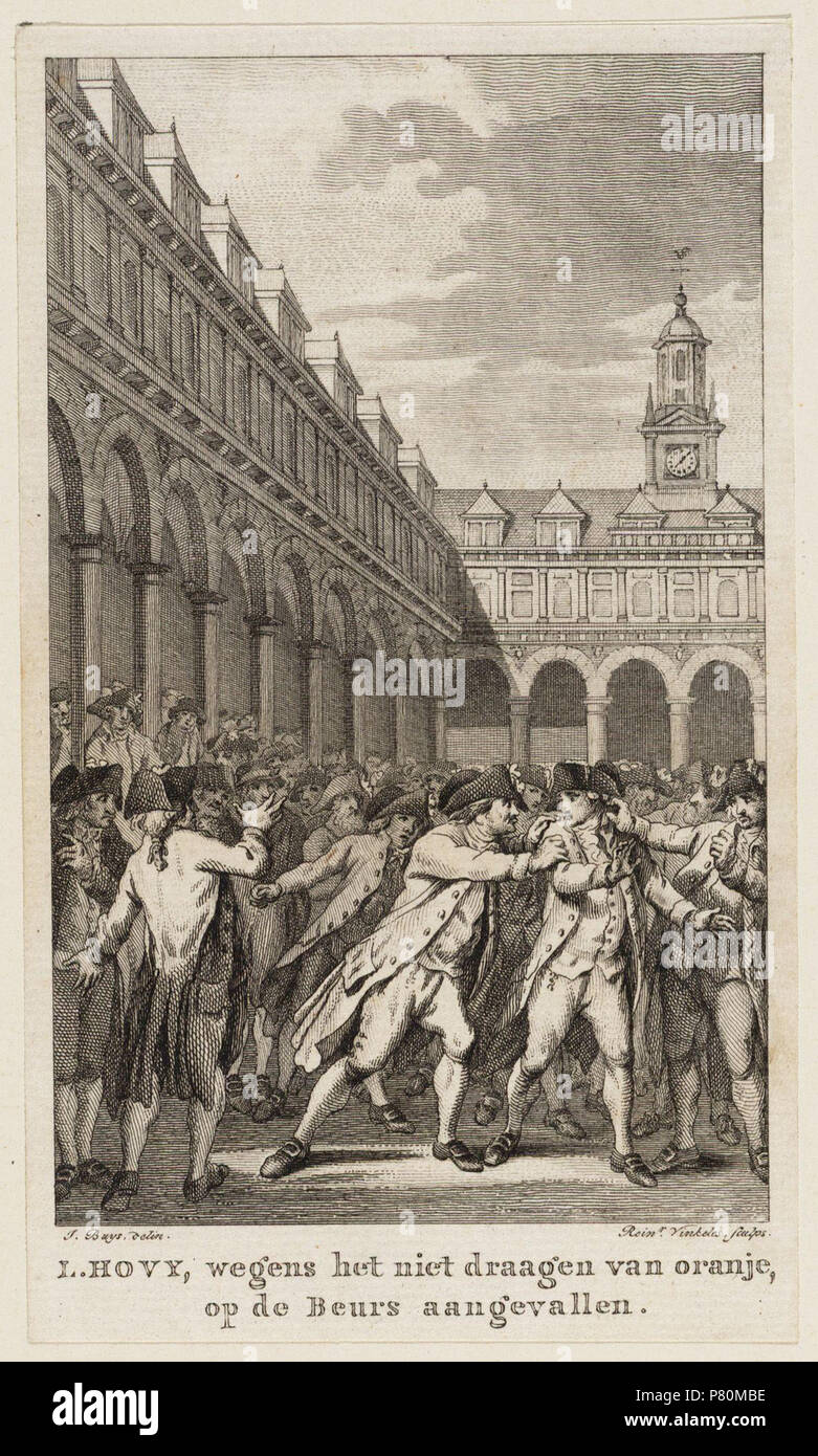 Nederlands: Beschrijving L. Hovy, wegens het niet draagen van Oranje, op de Beurs aangevallen De patriot L. Hovy op de binnenplaats van de Beurs van Hendrick de Keyser aangevallen Orangisten porta. Documenttype prent Vervaardiger Vinkeles, R. (Reinier ; 1741-1816) acquista, Jacobus (1724-1801) Collectie Collectie Atlas Dreesmann" Datering 6 dicembre 1787 Inventarissen http://archief.amsterdam/archief/10094 Afbeeldingsbestand 010094003571 . 6 Dicembre 1787 328 Reinier Vinkeles, Afb 010094003571 Foto Stock