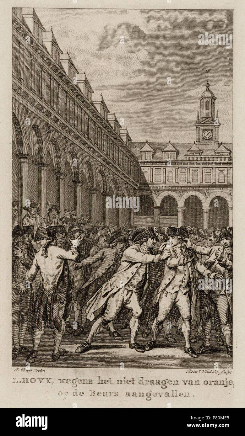 Nederlands: Beschrijving L. Hovy, wegens het niet dragen van Oranje op de Beurs aangevallen Documenttype prent Vervaardiger acquista, Jacobus (1724-1801) Vinkeles, R. (Reinier ; 1741-1816) Collectie Collectie Stadsarchief Amsterdam: tekeningen en prenten Datering 6 dicembre 1787 Inventarissen http://archief.amsterdam/archief/10097/010097002841 Afbeeldingsbestand 010097002841 . 6 Dicembre 1787 328 Reinier Vinkeles, Afb 010097002841 Foto Stock