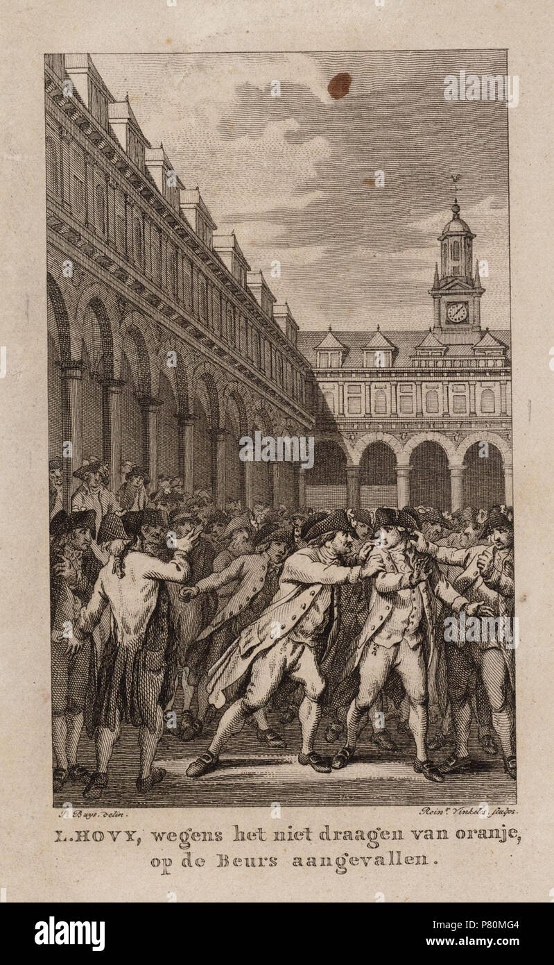 Nederlands: Beschrijving L. Hovy, wegens het niet draagen van Oranje, op de Beurs aangevallen Beurs van Hendrick de Keyzer, Rokin. Techniek: rotocalco. Documenttype prent Vervaardiger Vinkeles, R. (Reinier ; 1741-1816) acquista, Jacobus (1724-1801) Collectie Collectie Stadsarchief Amsterdam: tekeningen en prenten Datering 6 dicembre 1787 Inventarissen http://archief.amsterdam/archief/10097/010097007497 Afbeeldingsbestand 010097007497 . 6 Dicembre 1787 329 Reinier Vinkeles, Afb 010097007497 Foto Stock