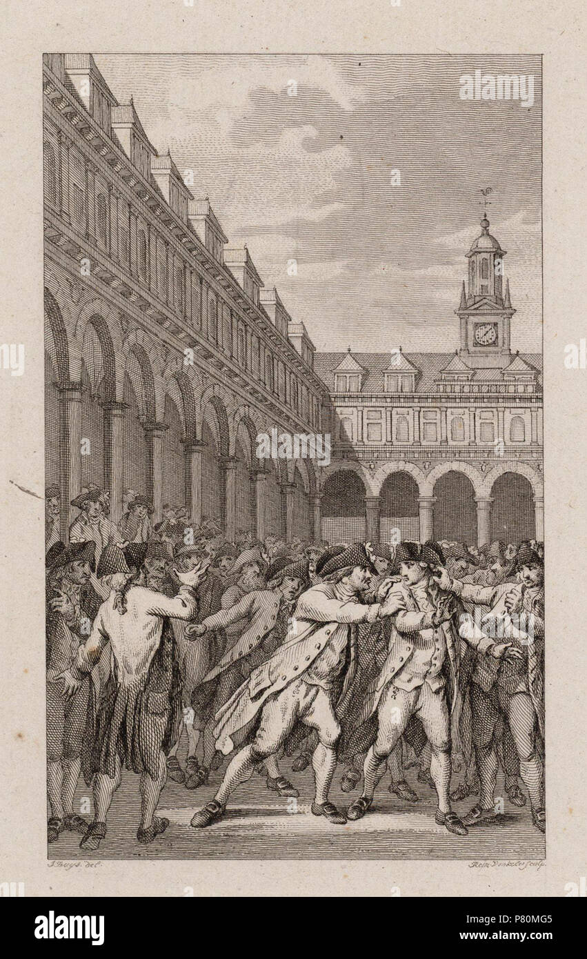 Nederlands: Beschrijving L. Hovy, wegens het niet draagen van Oranje, op de Beurs aangevallen Prent zonder onderschrift. Afmetingen: 142x88 mm. Documenttype prent Vervaardiger acquista, Jacobus (1724-1801) Vinkeles, R. (Reinier ; 1741-1816) Collectie Collectie Stadsarchief Amsterdam: tekeningen en prenten Datering 1 dicembre 1787 ca. Inventarissen http://archief.amsterdam/archief/10097/010097007498 Afbeeldingsbestand 010097007498 . 1 dicembre 1787 ca. 329 Reinier Vinkeles, Afb 010097007498 Foto Stock