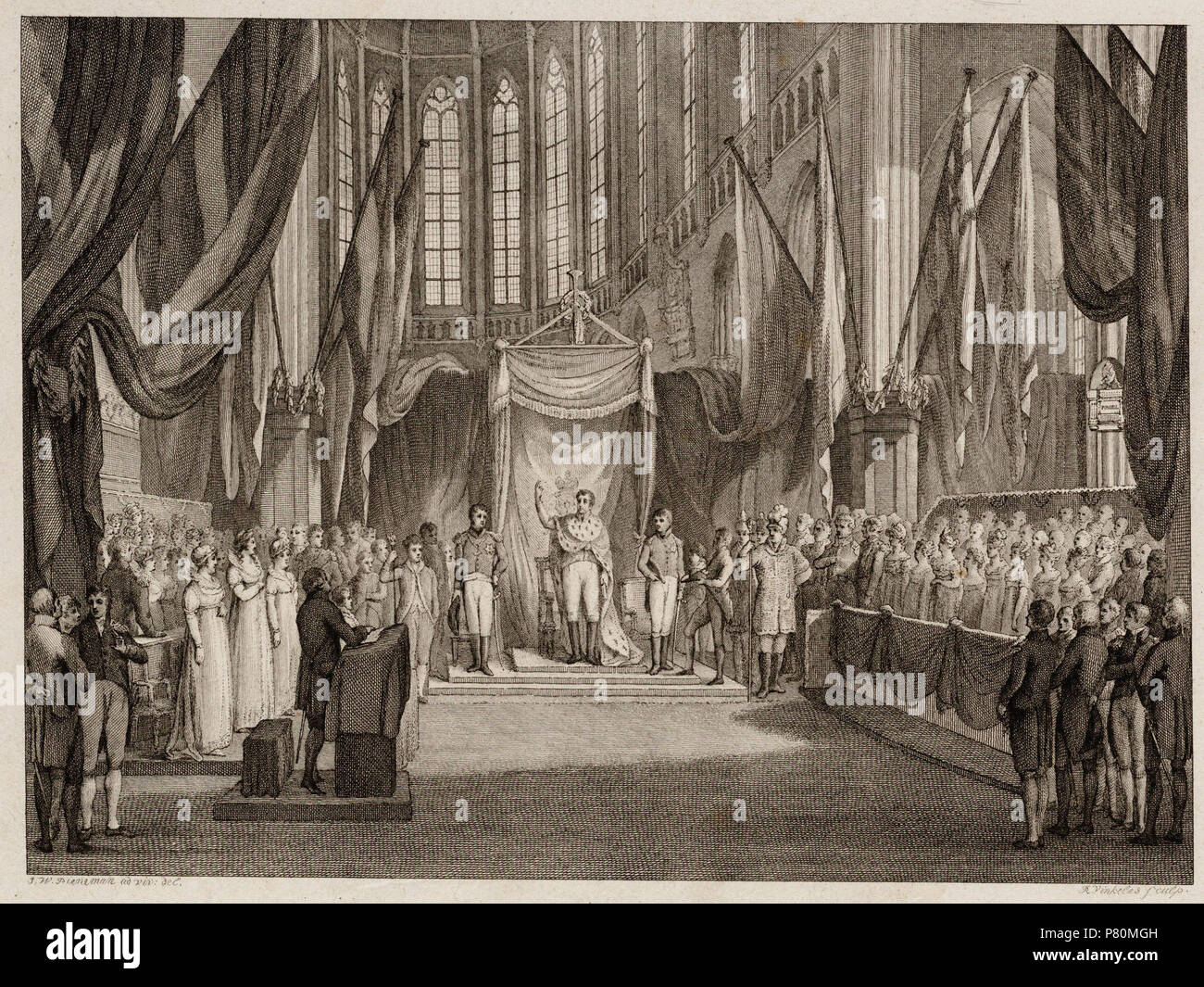 Nederlands: Beschrijving Inhuldiging van den Souvereinen Vorst In de Nieuwe Kerk te Amsterdam. In het midden staat de vorst tussen zijn beide zonen, links de predikstoel en de zetels der prinsessen. Zonder onderschrift (titolo). Afmetingen: 163x222 mm. Documenttype prent Vervaardiger Pieneman, Jan Willem (1779-1853) Vinkeles, R. (Reinier ; 1741-1816) Collectie Collectie Stadsarchief Amsterdam: tekeningen en prenten Datering 1814 t/m 1816 Inventarissen http://archief.amsterdam/archief/10097/010097007655 Afbeeldingsbestand 010097007655 . 1814 t/m 1816 329 Reinier Vinkeles, Afb 010097007655 Foto Stock