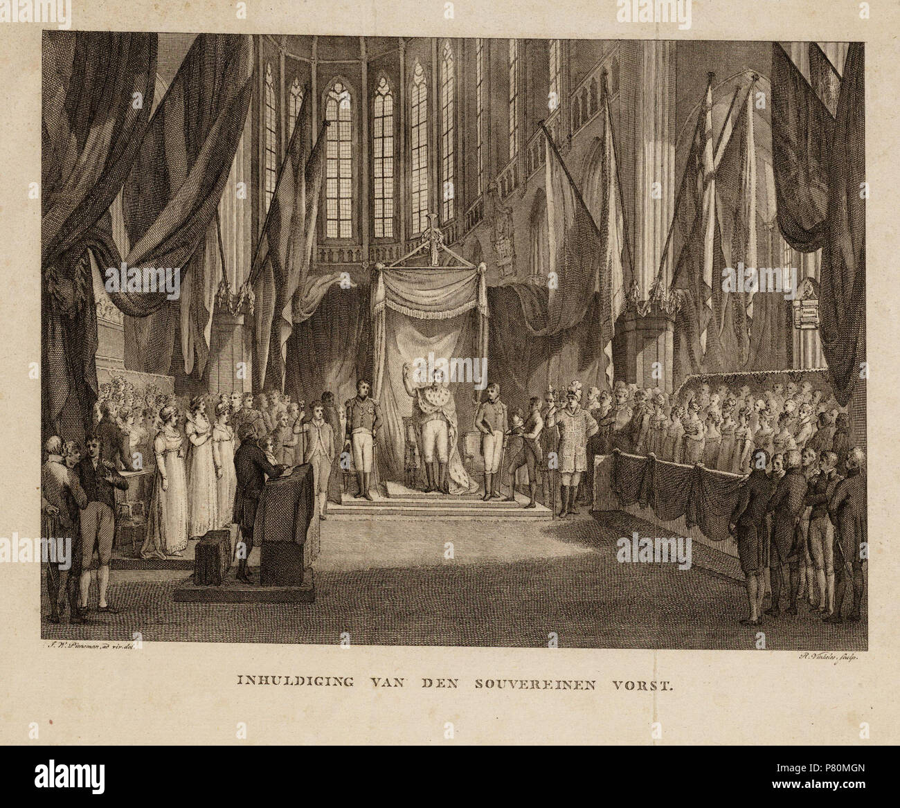 Nederlands: Beschrijving Inhuldiging van den Souvereinen Vorst In de Nieuwe Kerk te Amsterdam. In het midden staat de vorst tussen zijn beide zonen, links de predikstoel en de zetels der prinsessen. Afmetingen: 163x222 mm. Documenttype prent Vervaardiger Pieneman, Jan Willem (1779-1853) Vinkeles, R. (Reinier ; 1741-1816) Collectie Collectie Stadsarchief Amsterdam: tekeningen en prenten Datering 1814 t/m 1816 Inventarissen http://archief.amsterdam/archief/10097/010097007654 Afbeeldingsbestand 010097007654 . 1814 t/m 1816 329 Reinier Vinkeles, Afb 010097007654 Foto Stock