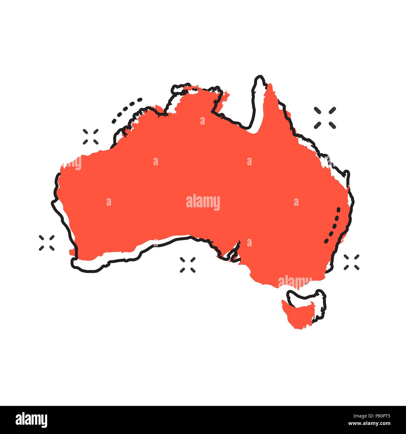 Cartoon Australia icona Mappa in stile fumetto. Australia illustrazione pittogramma. Geografia paese segno splash concetto aziendale. Illustrazione Vettoriale